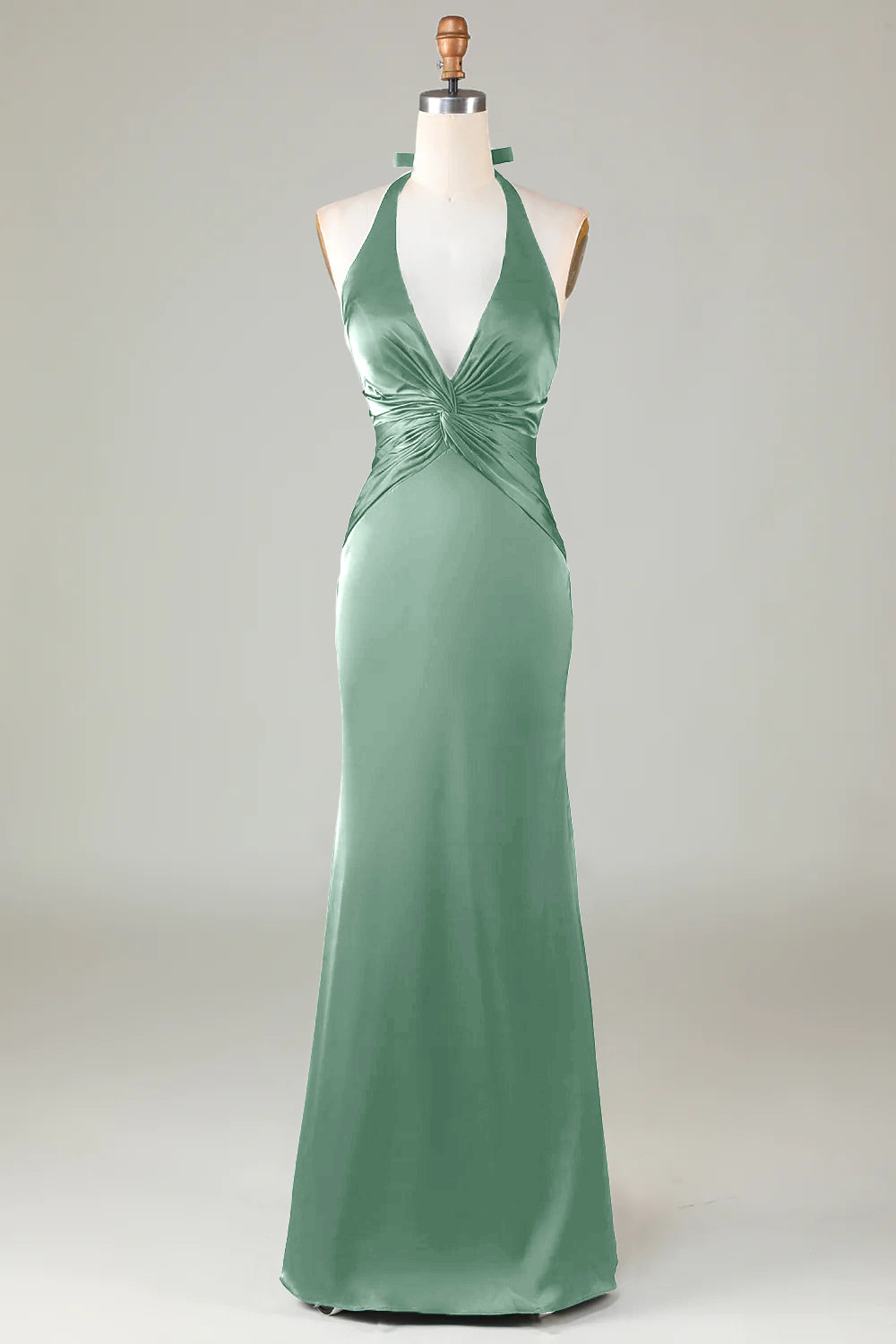 Dusty Sage Satin Sheath Halter Long Bridesmaid Dress