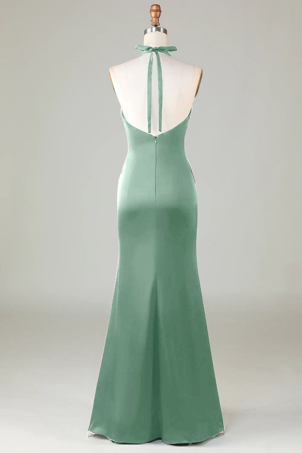Dusty Sage Satin Sheath Halter Long Bridesmaid Dress