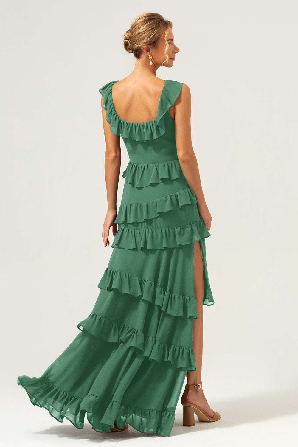 Burgundy A-Line Ruffleed Chiffon Long Bridesmaid Dress with Slit