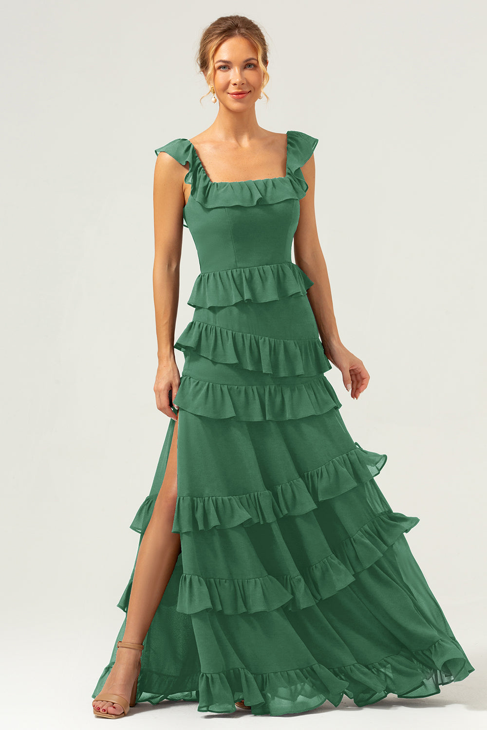 Burgundy A-Line Ruffleed Chiffon Long Bridesmaid Dress with Slit