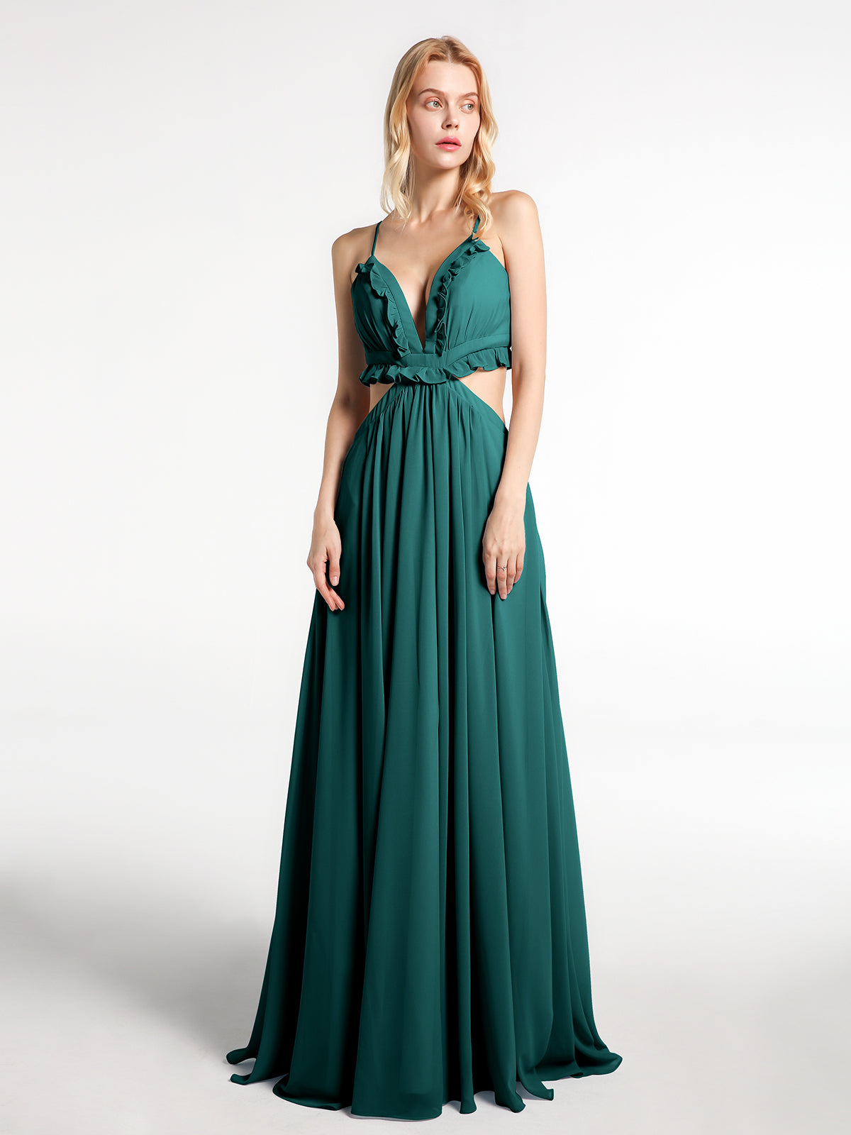 Spaghetti Strap Ruffled Chiffon Cutout Maxi Sexy Dress Peacock