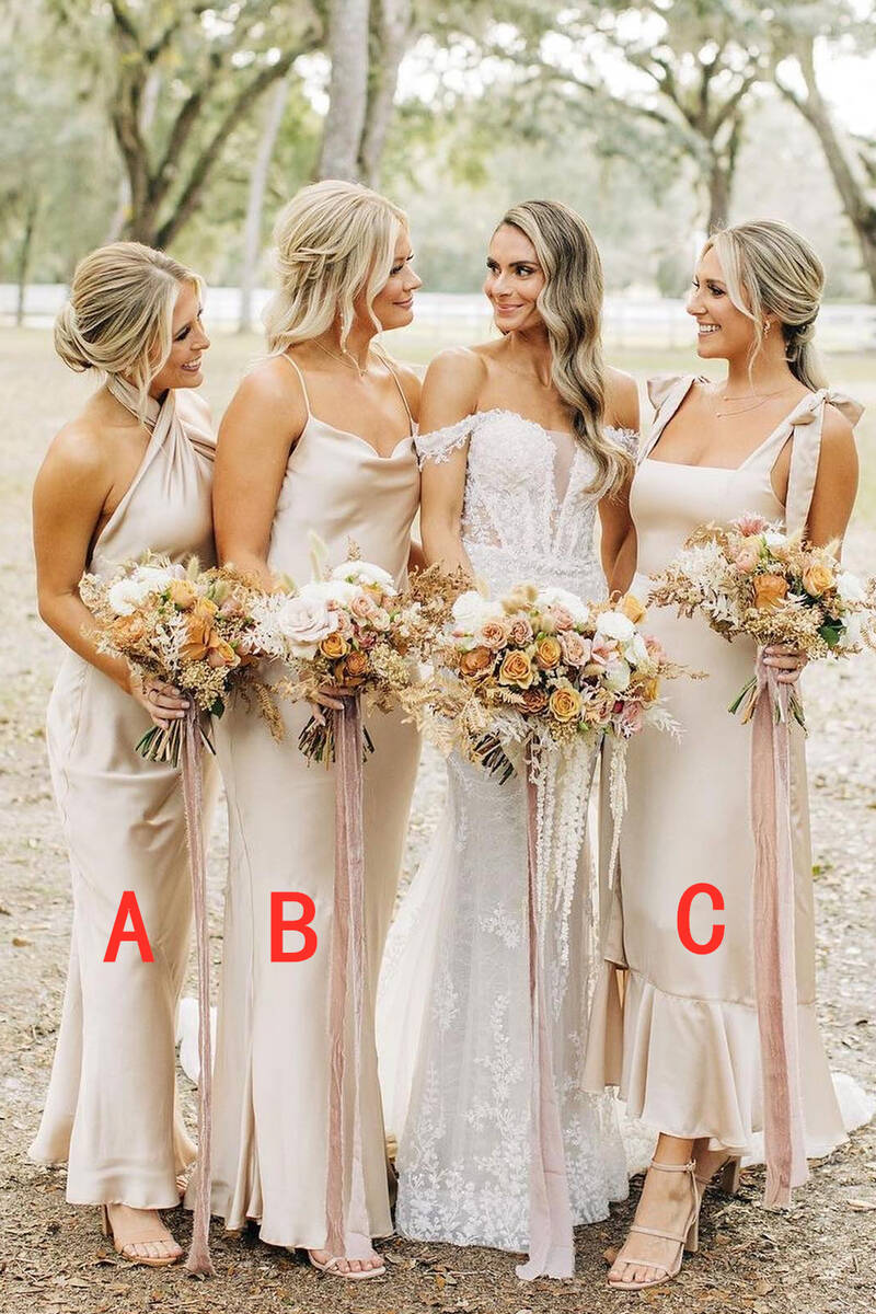 Champagne Sheath Satin Long Mismatch Bridesmaid Dress