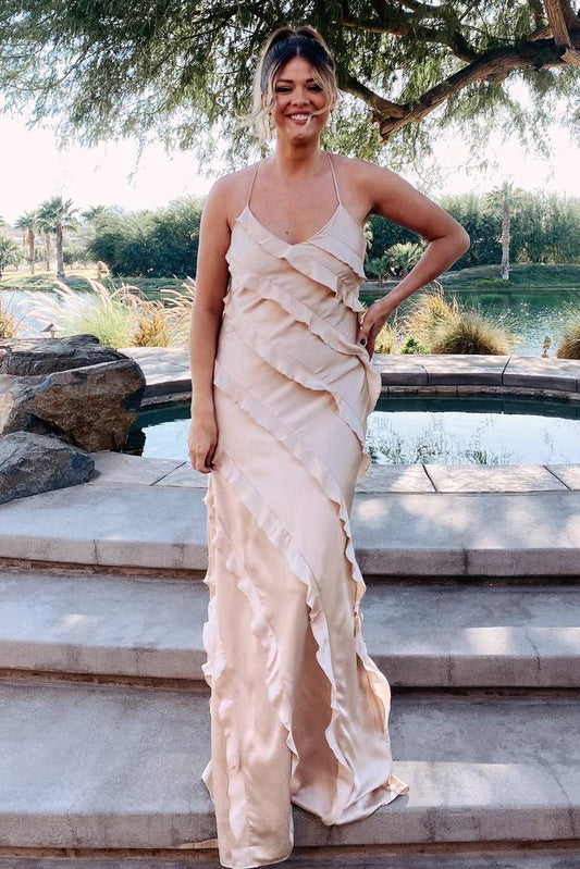 Straps Sheath Champagne Ruffle Maxi Bridesmaid Dress