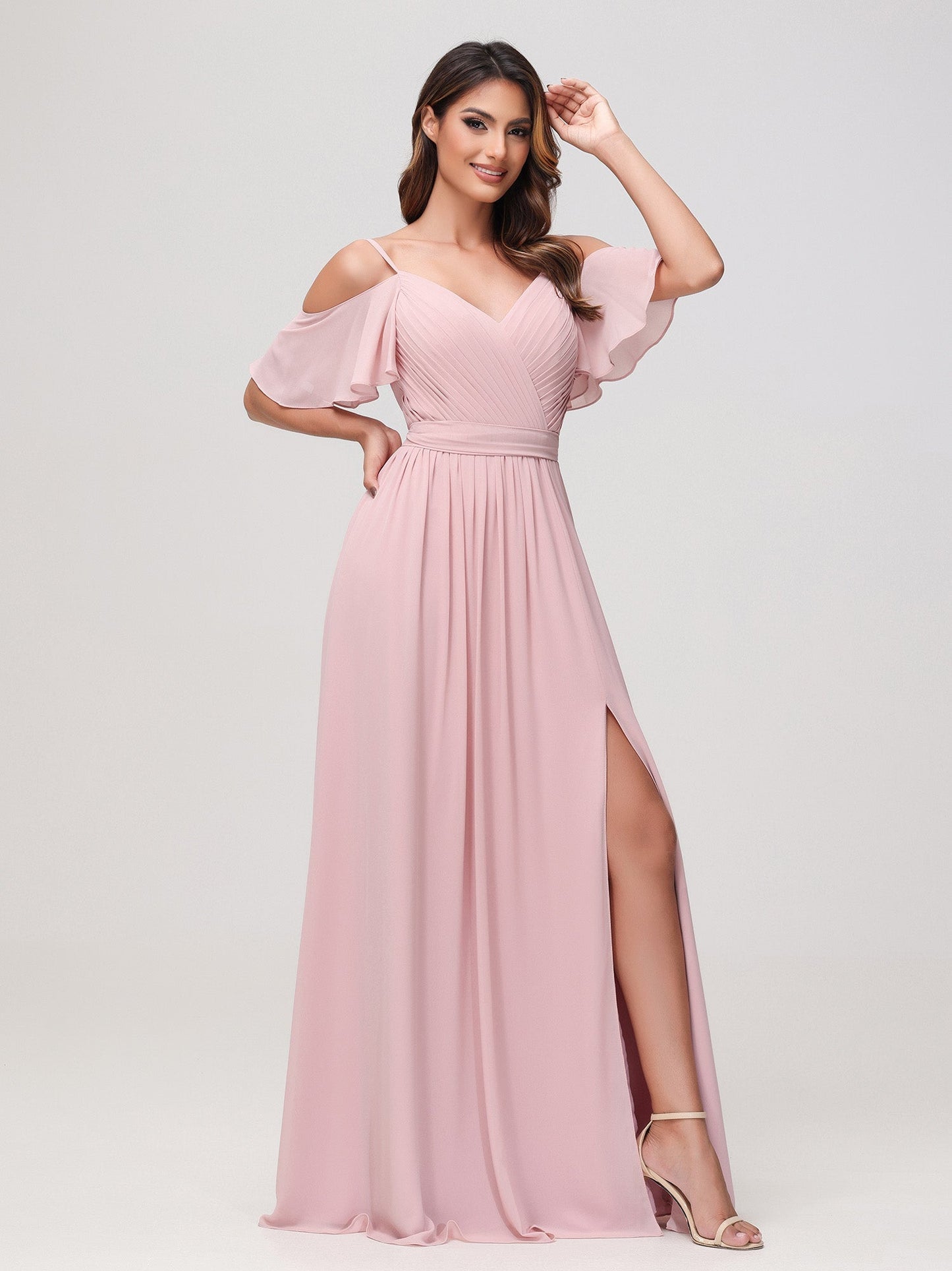 Off-the-shoulder A-line Ruched Chiffon Dress with Slit Dusty Rose