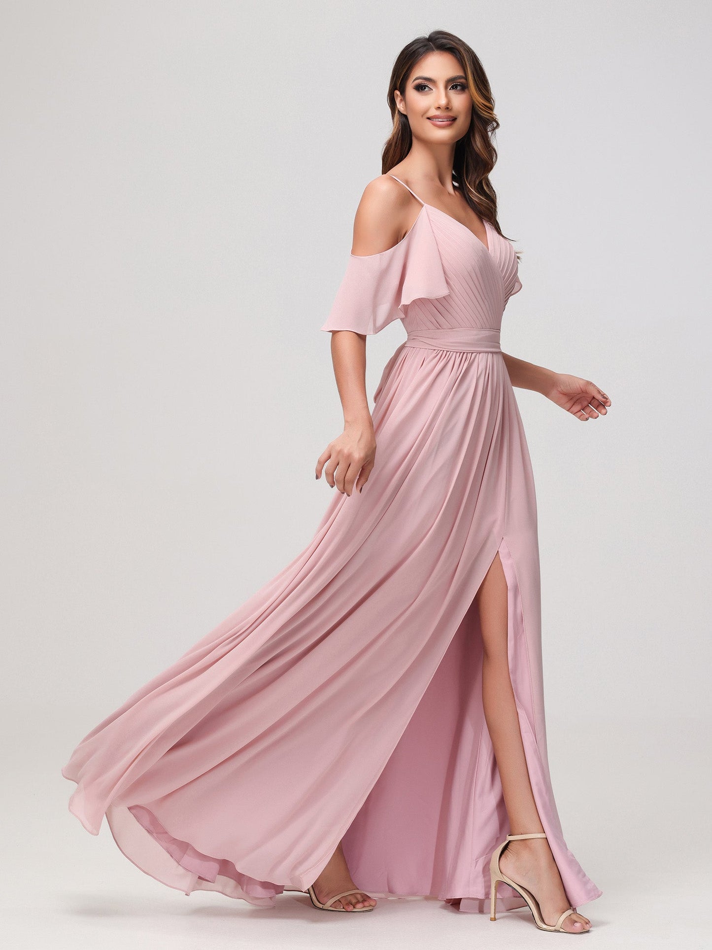 Off-the-shoulder A-line Ruched Chiffon Dress with Slit Dusty Rose