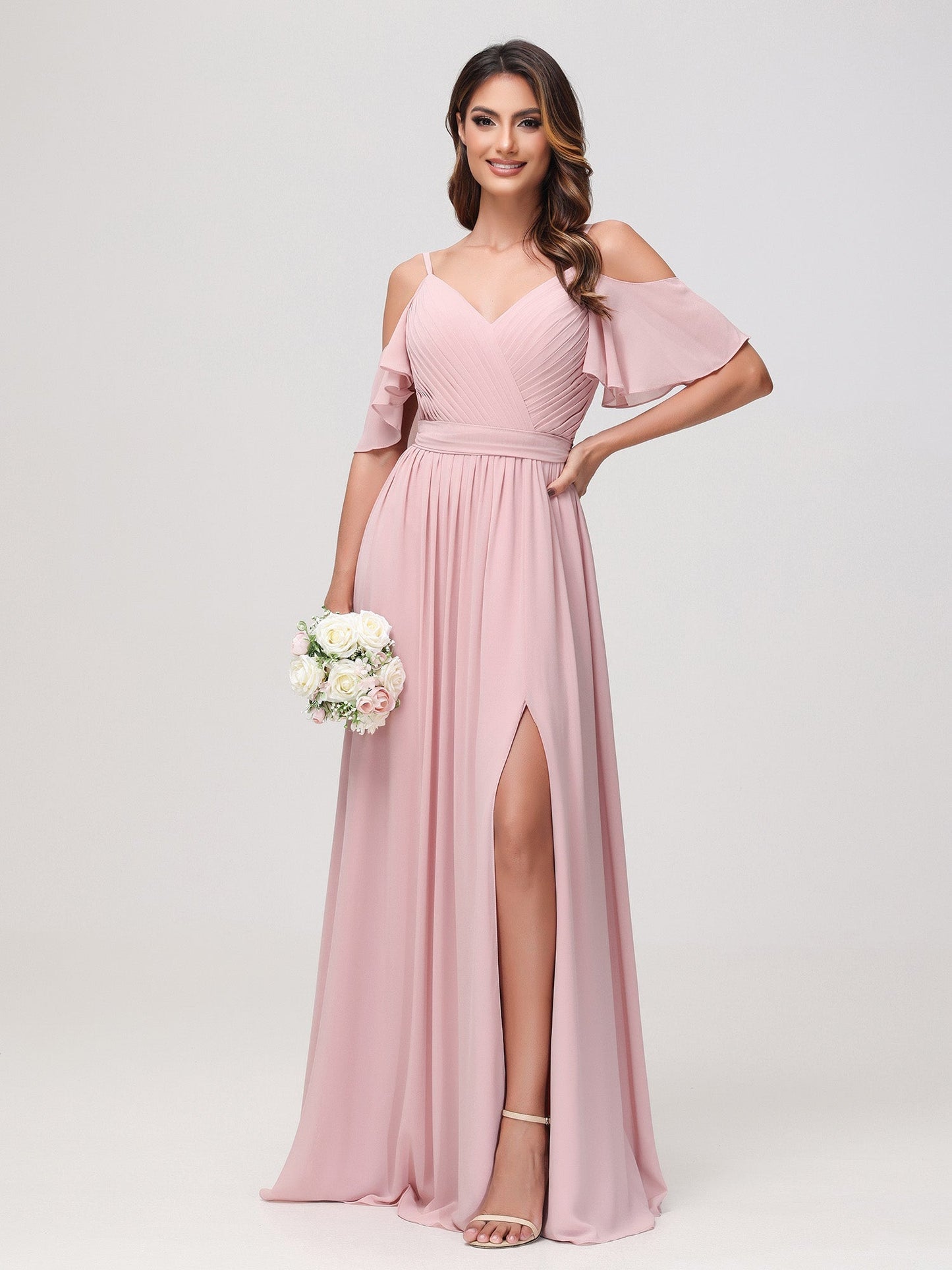 Off-the-shoulder A-line Ruched Chiffon Dress with Slit Dusty Rose