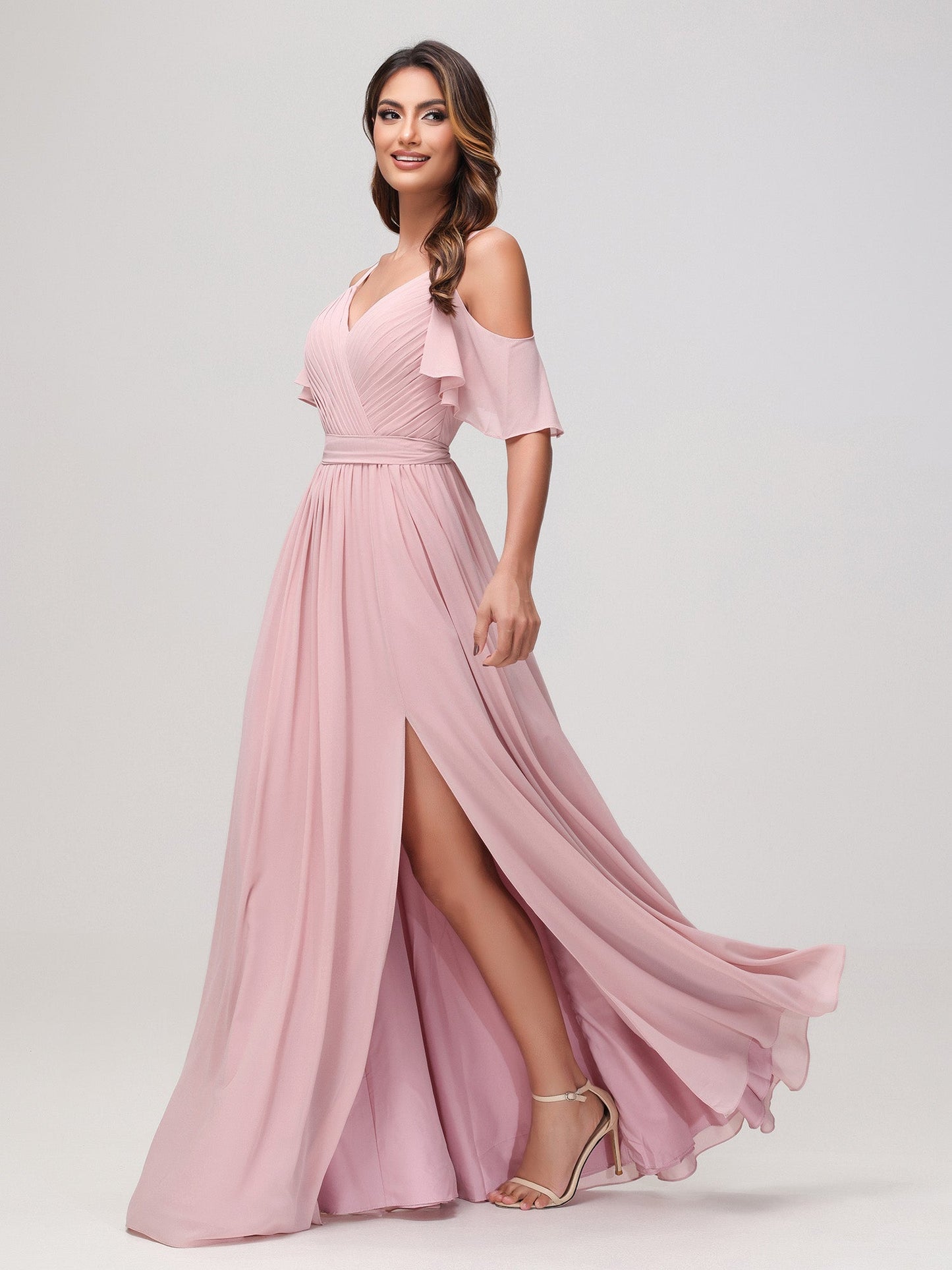 Off-the-shoulder A-line Ruched Chiffon Dress with Slit Dusty Rose