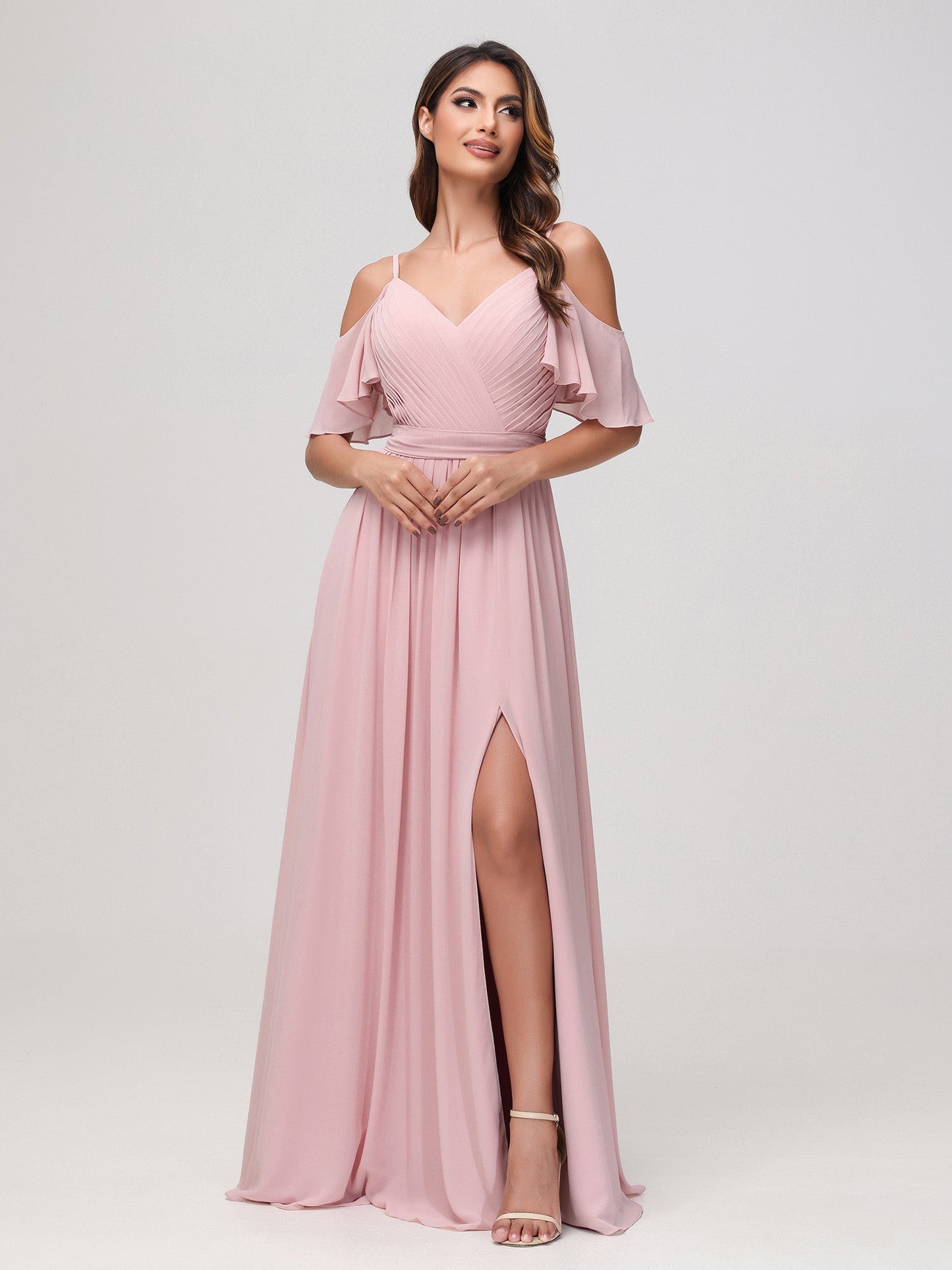 Off-the-shoulder A-line Ruched Chiffon Dress with Slit Dusty Rose