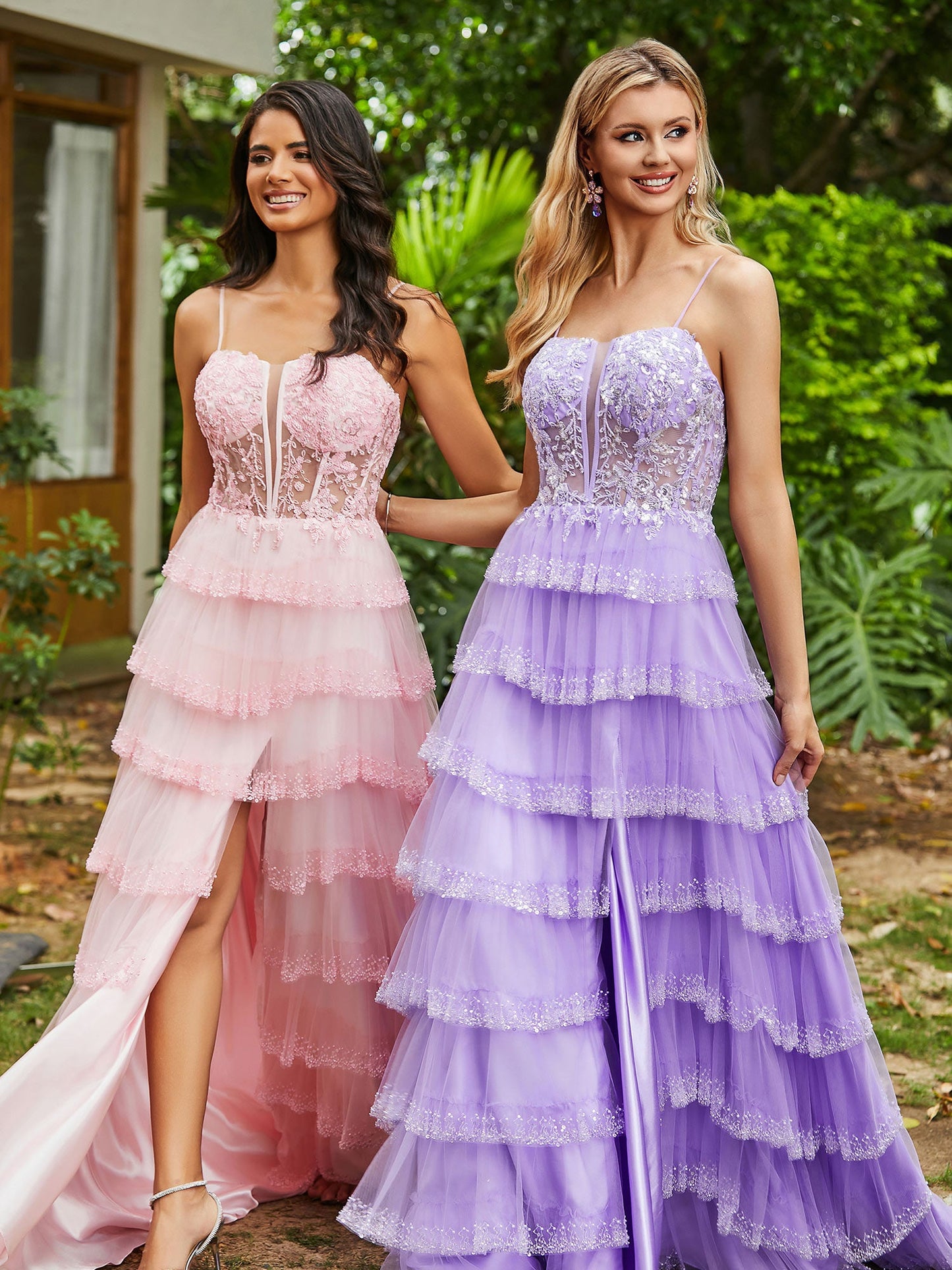 Corset Bodice Illusion Top Tulle Tiered Dresses Blushing Pink