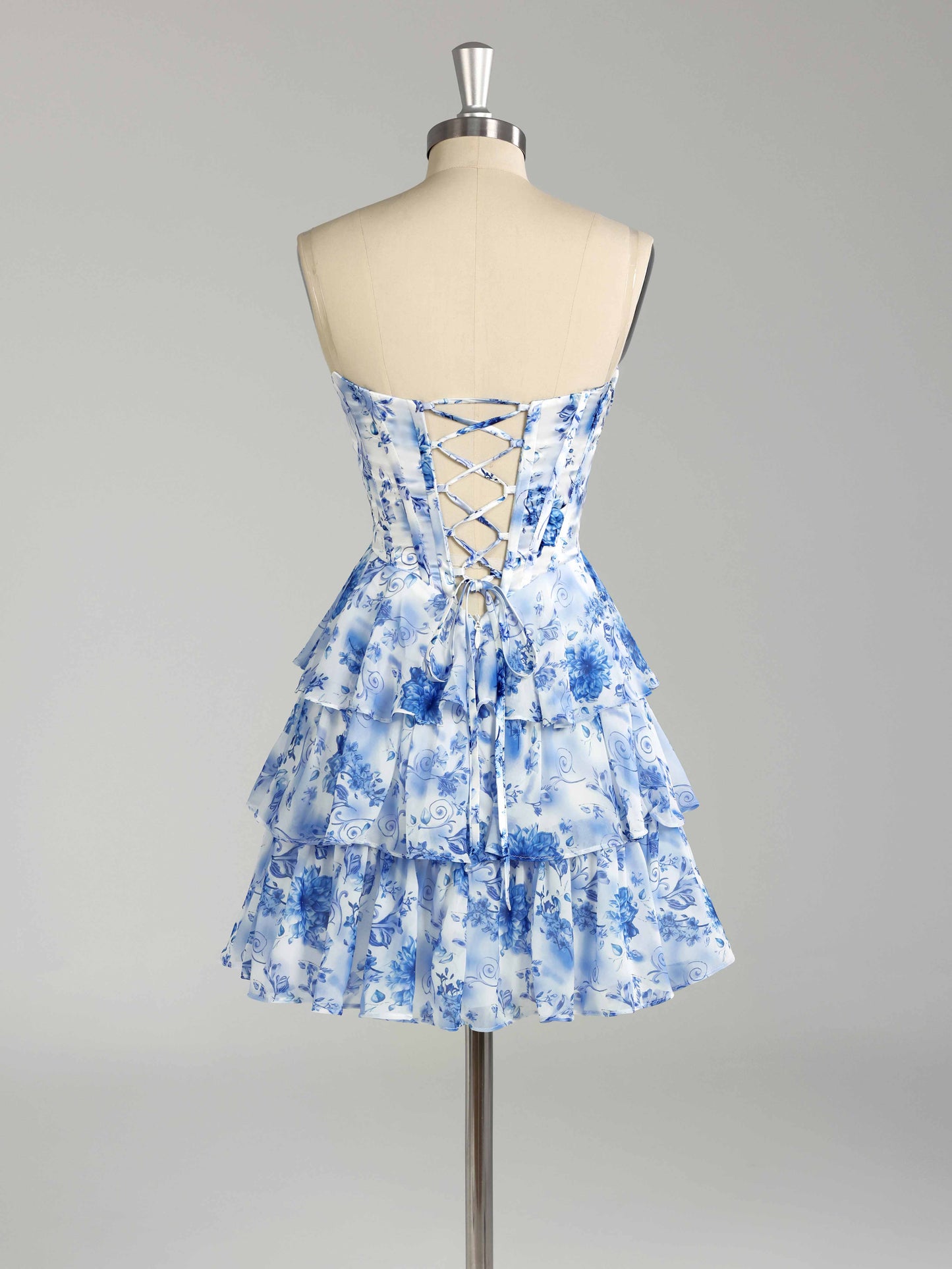 Faryn Stunning Strapless Tiered Floral Print Chiffon Mini Homecoming Dresses