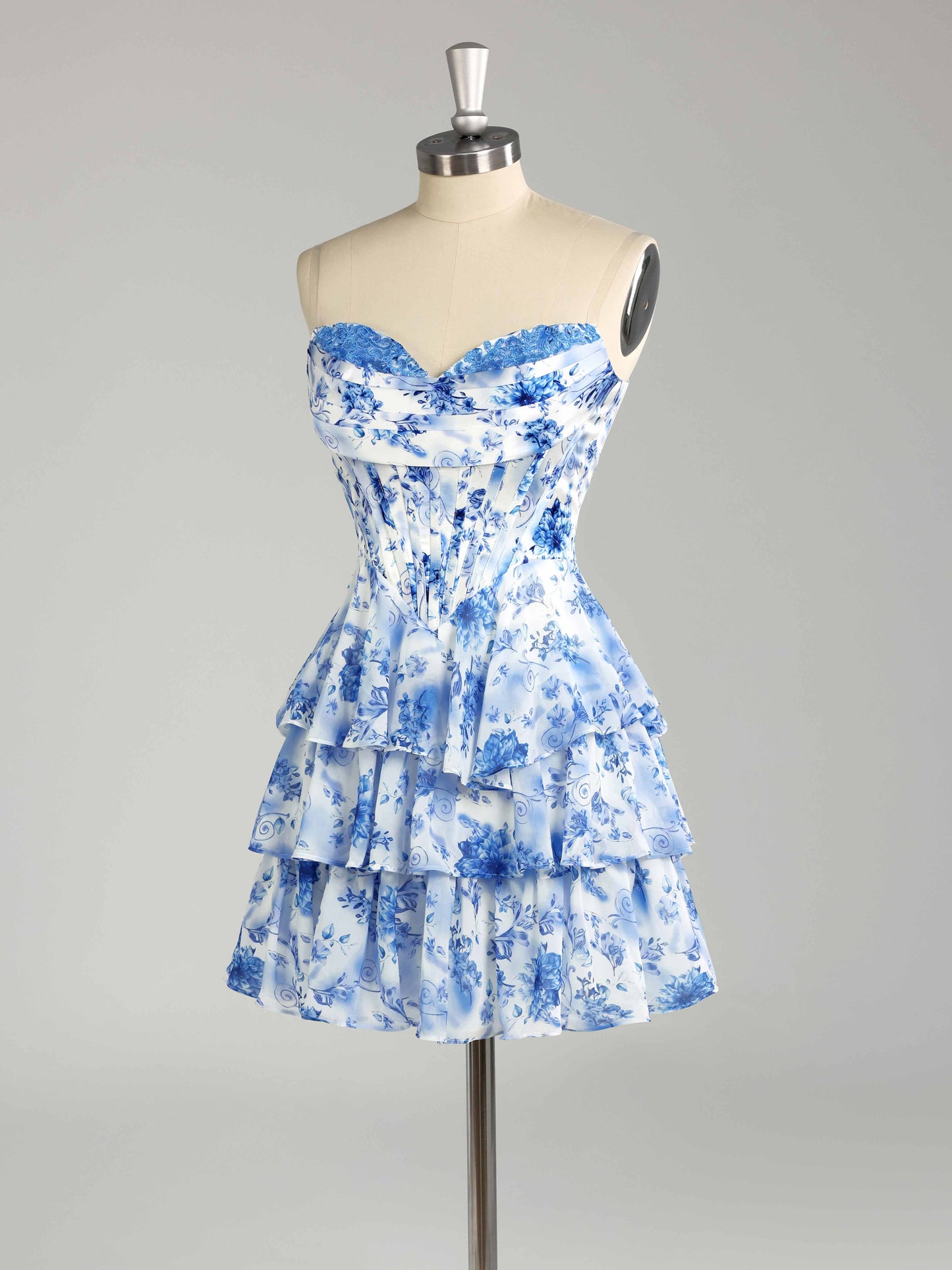 Faryn Stunning Strapless Tiered Floral Print Chiffon Mini Homecoming Dresses