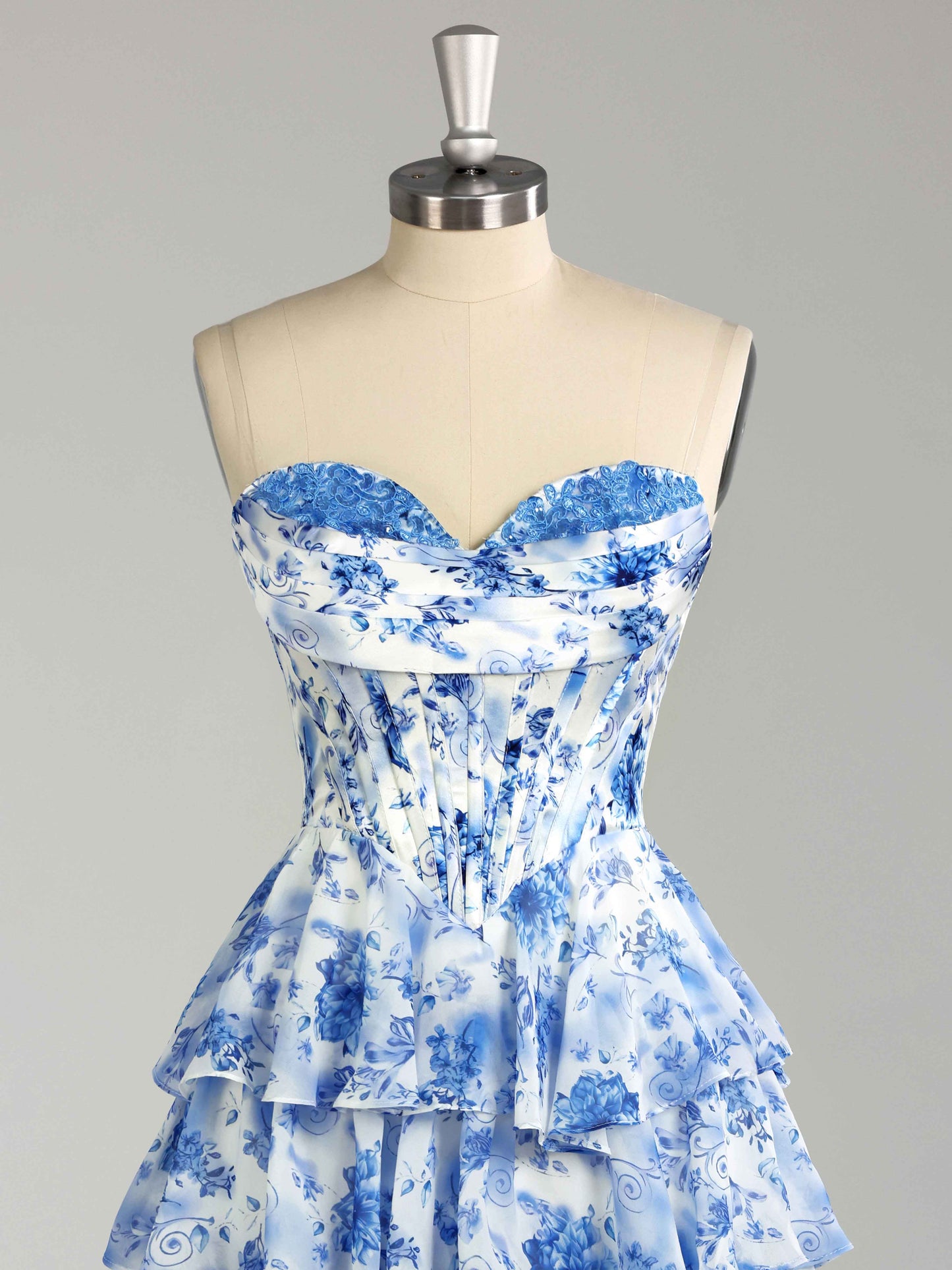 Faryn Stunning Strapless Tiered Floral Print Chiffon Mini Homecoming Dresses