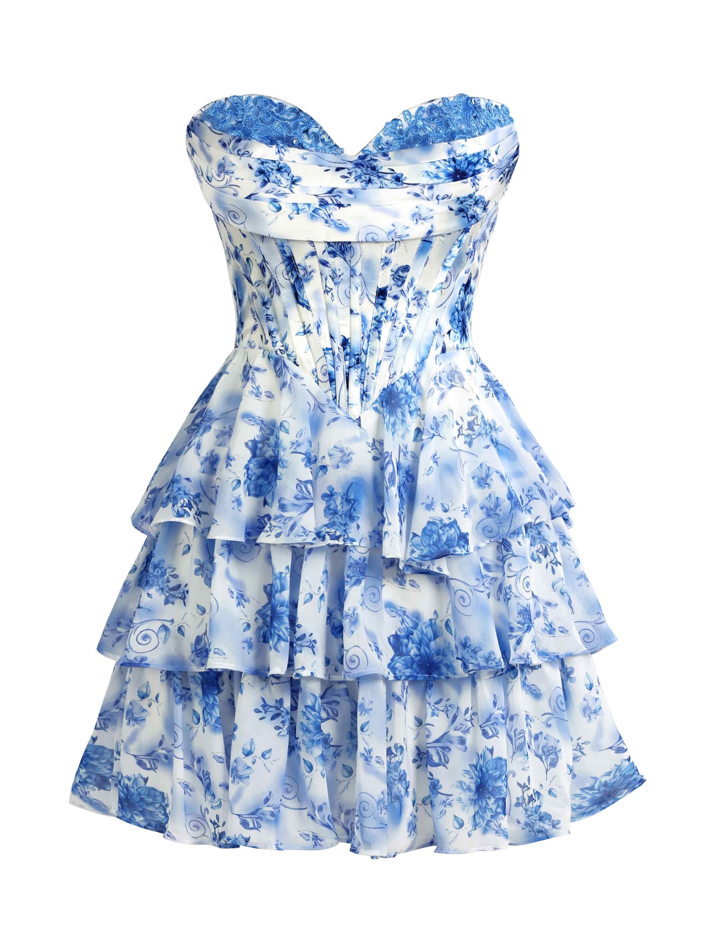 Faryn Stunning Strapless Tiered Floral Print Chiffon Mini Homecoming Dresses