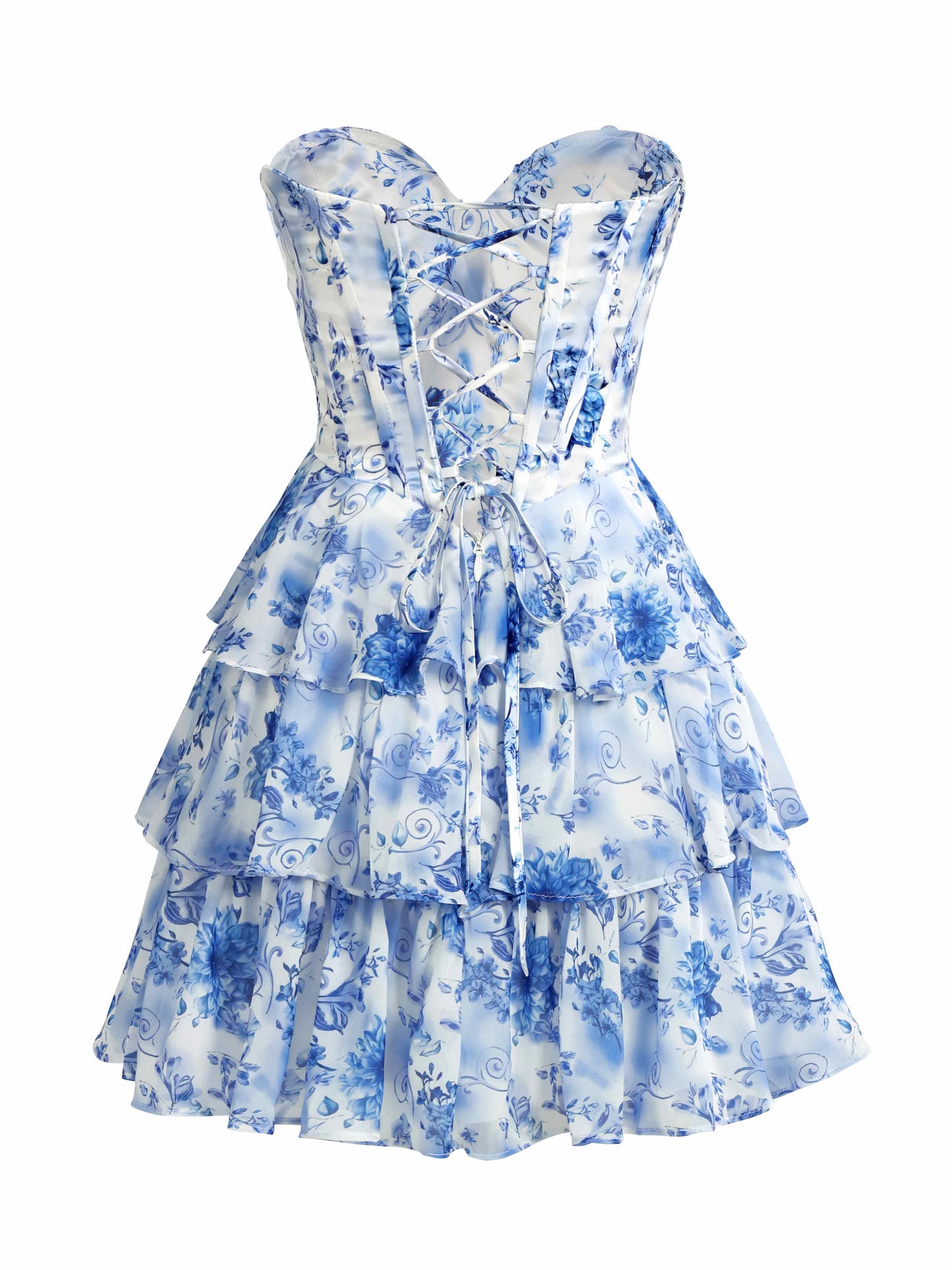 Faryn Stunning Strapless Tiered Floral Print Chiffon Mini Homecoming Dresses
