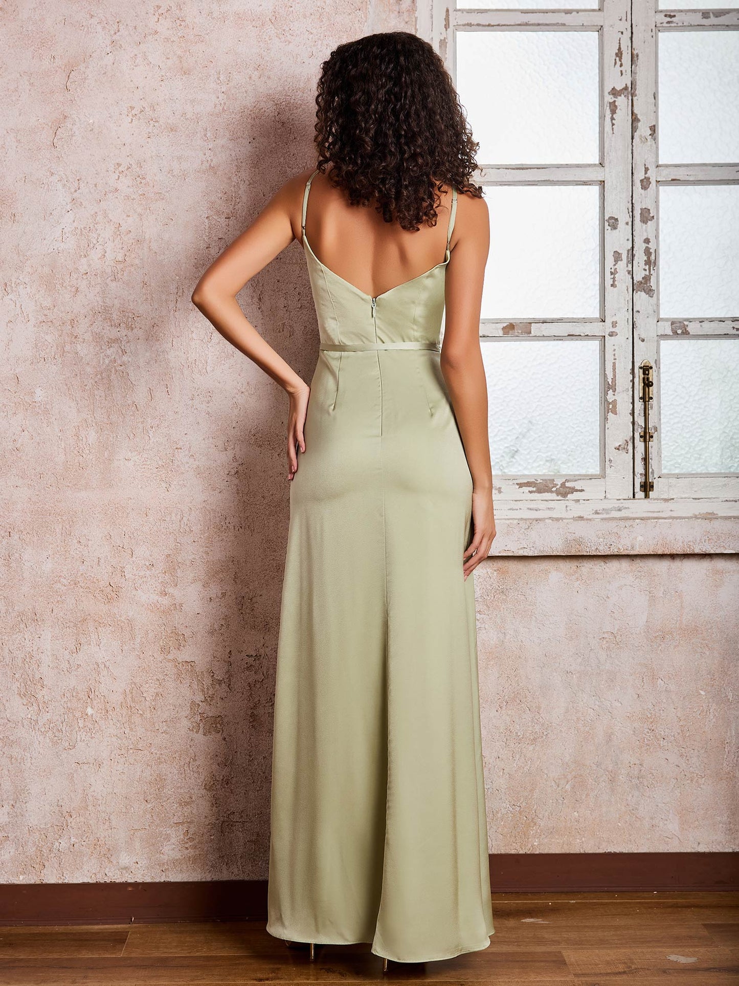 Sheath/Column Cowl Neck Floor-length Satin Dresses with Slit Dusty Sage