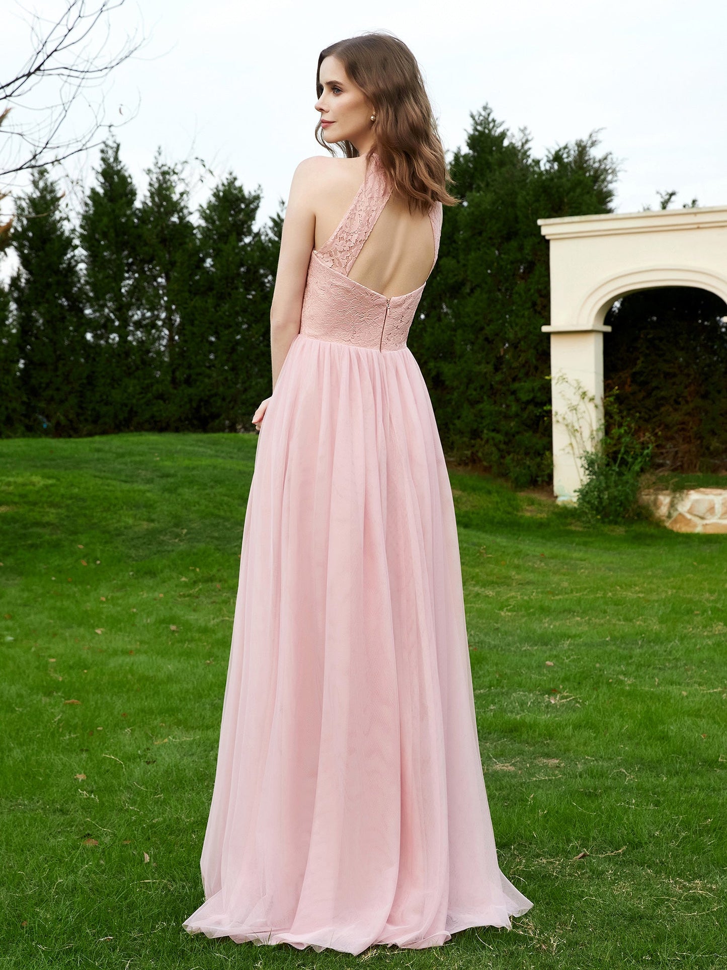 Lace Tulle Bridesmaid Gown Halter Neckline Dusty Rose