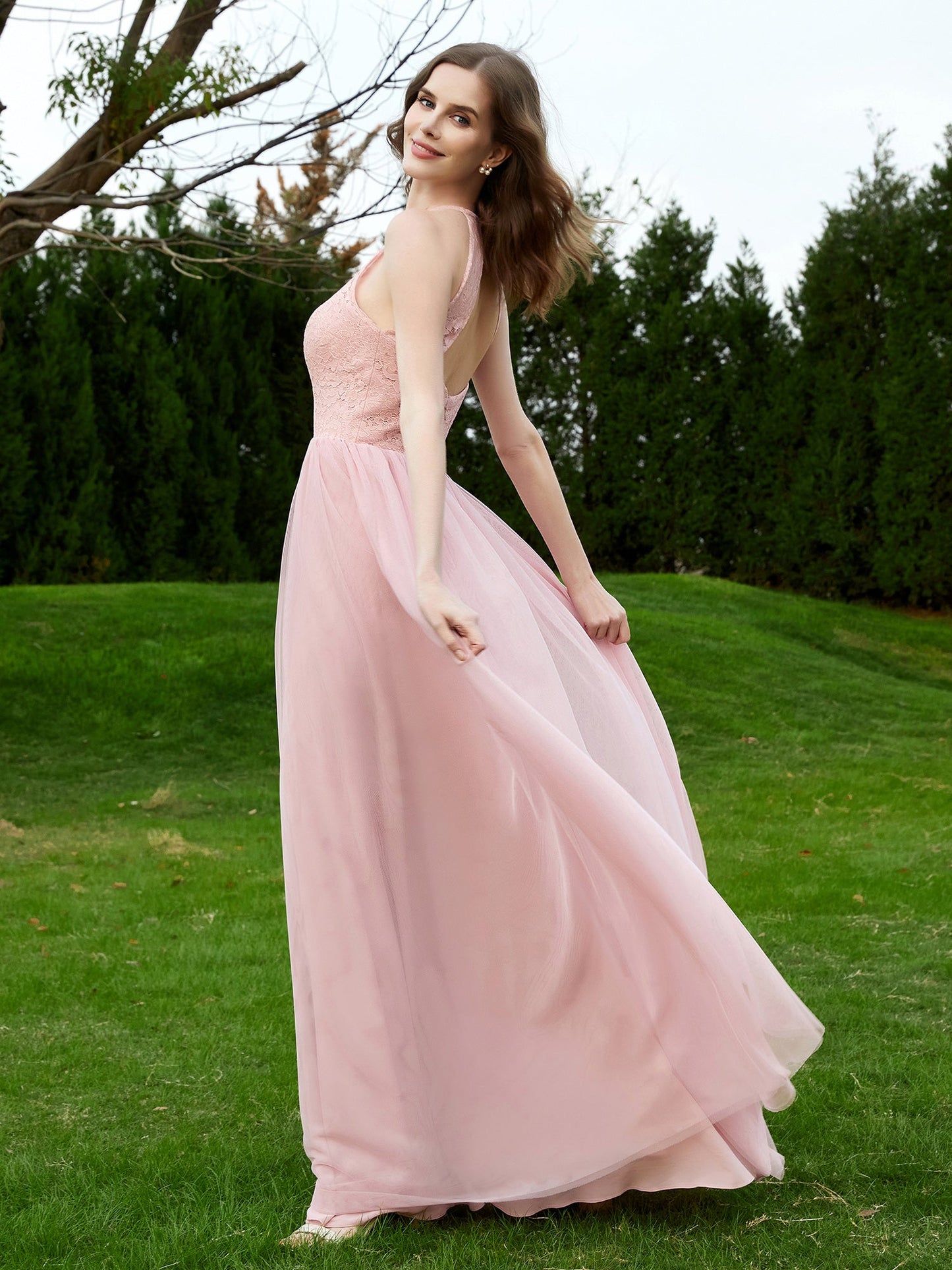 Lace Tulle Bridesmaid Gown Halter Neckline Dusty Rose