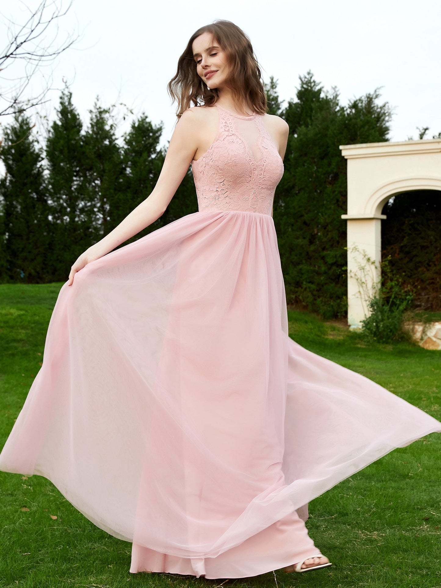 Lace Tulle Bridesmaid Gown Halter Neckline Dusty Rose