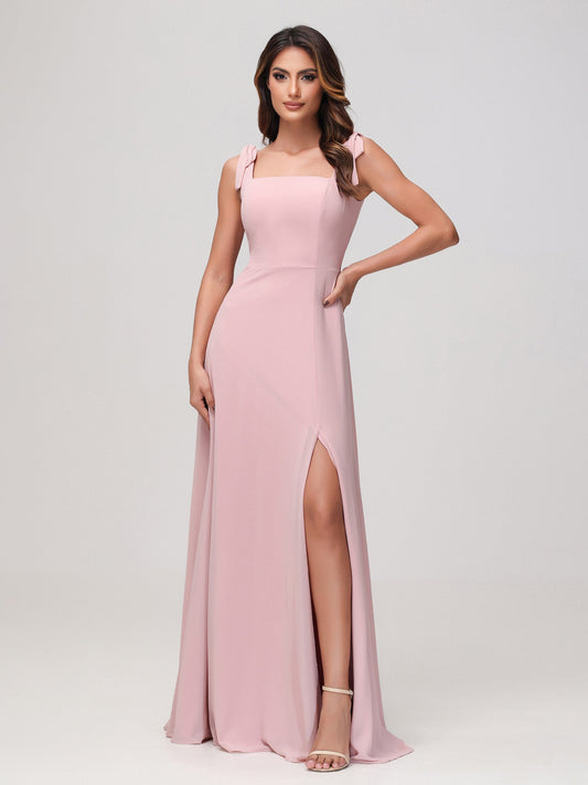 Square Neckline Sleeveless Floor-length Chiffon Dress Dusty Rose