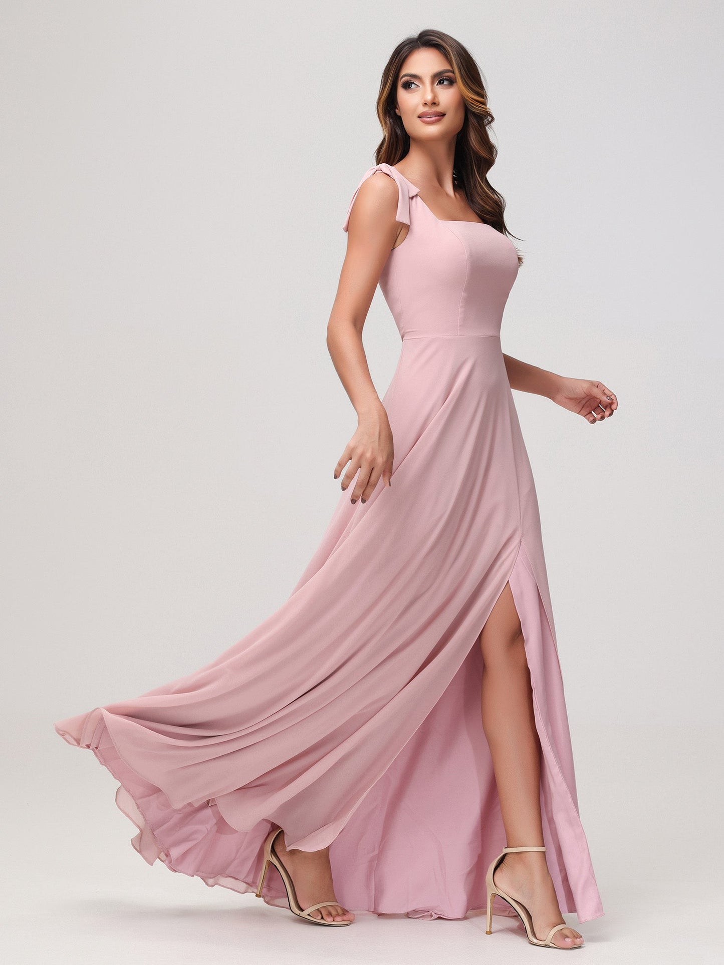 Square Neckline Sleeveless Floor-length Chiffon Dress Dusty Rose