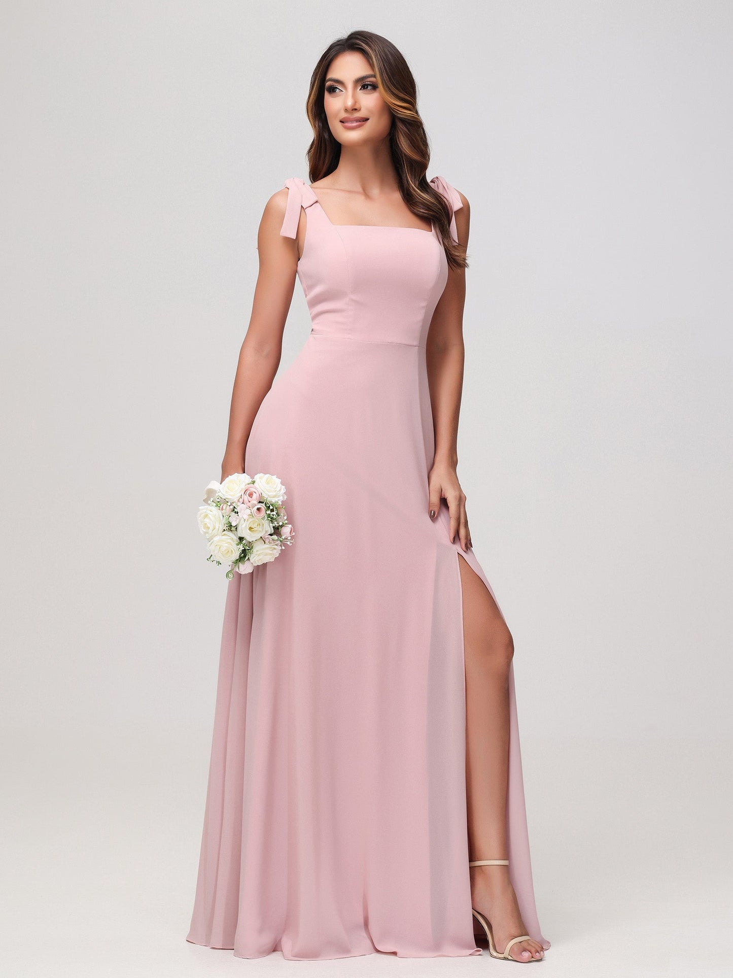 Square Neckline Sleeveless Floor-length Chiffon Dress Dusty Rose