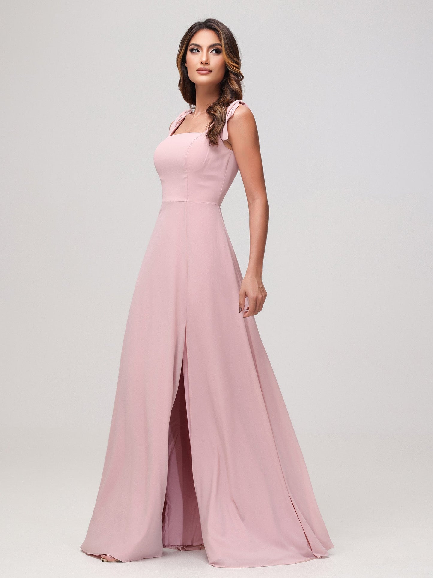 Square Neckline Sleeveless Floor-length Chiffon Dress Dusty Rose