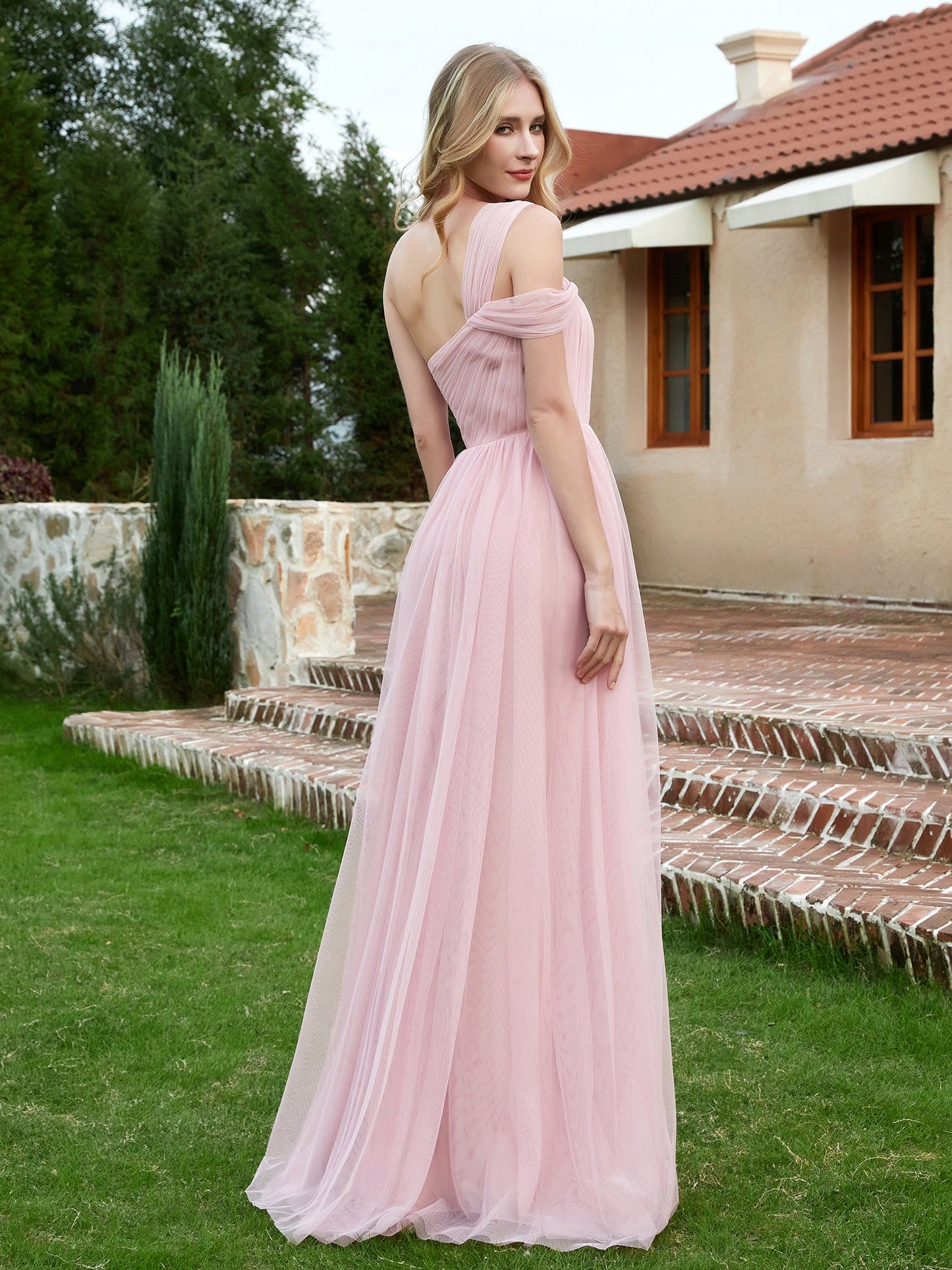 One Shoulder Tulle Long Bridesmaid Gown Dusty Rose