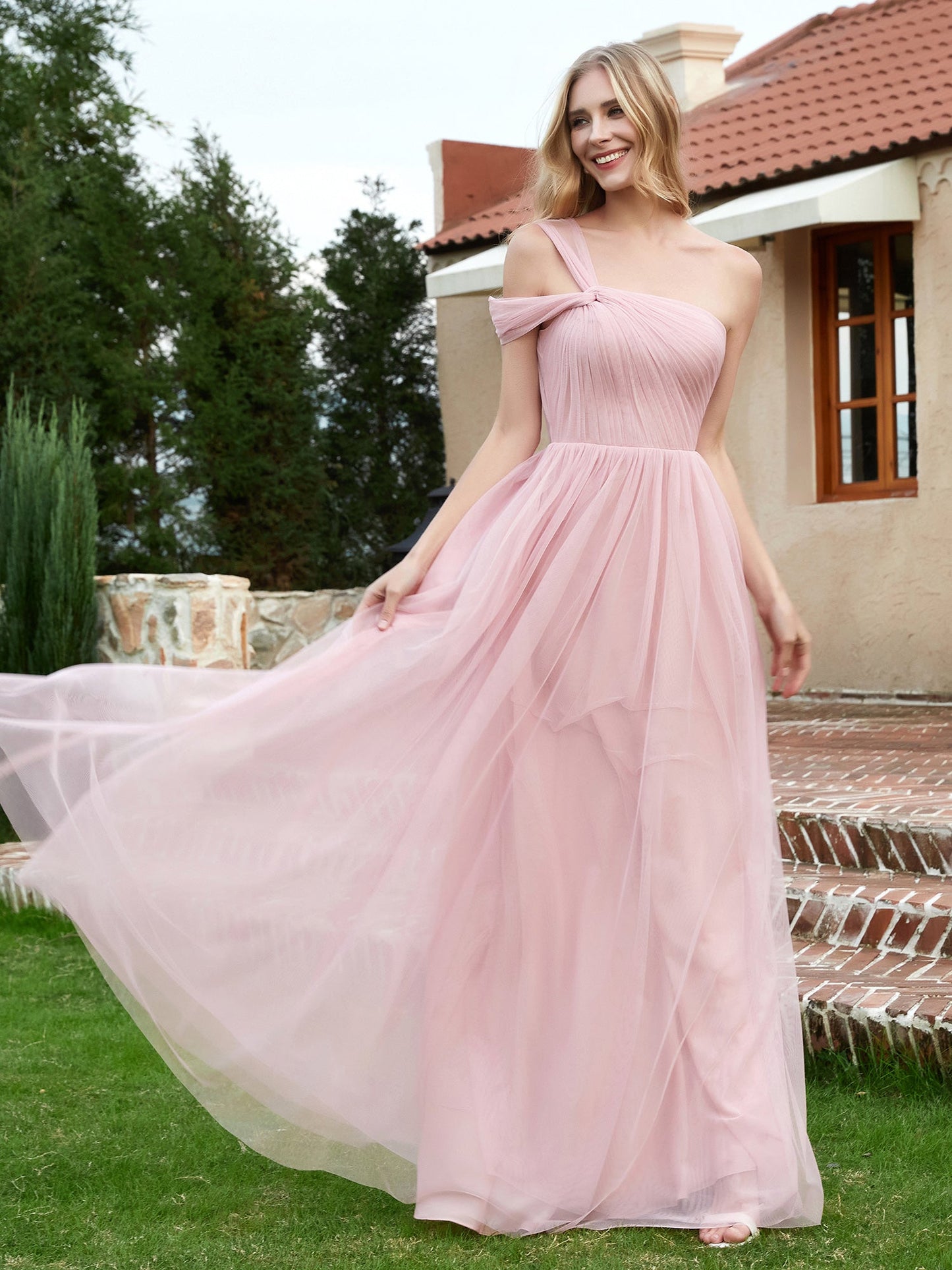 One Shoulder Tulle Long Bridesmaid Gown Dusty Rose