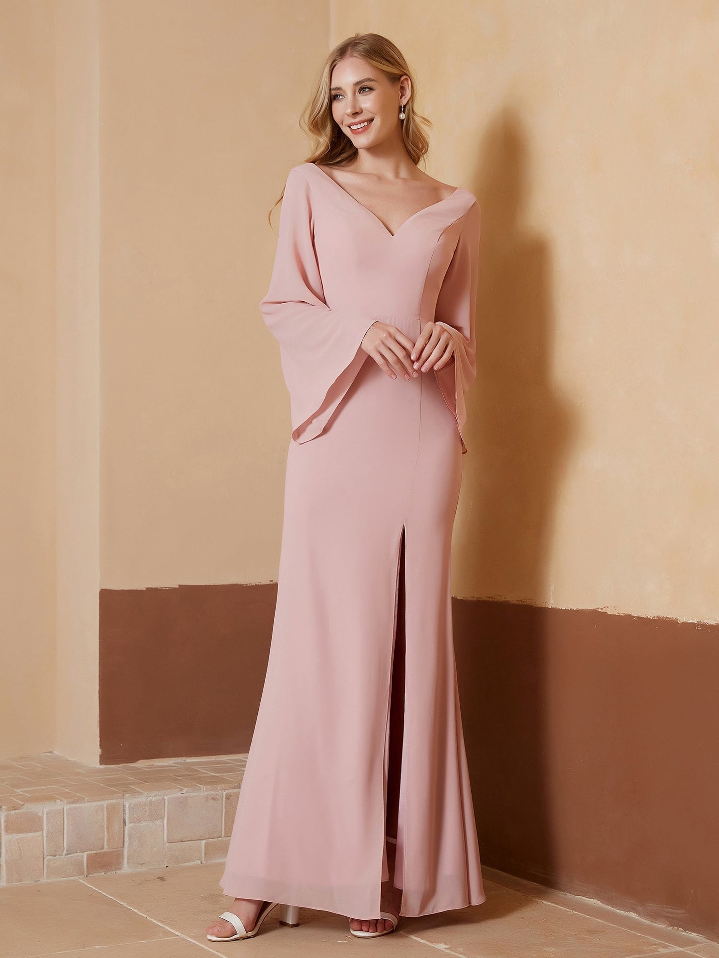 V-neck Sheath Column Chiffon Dress With Slit Dusty Rose