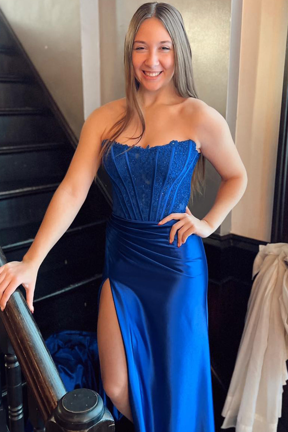 Arielle |Sheath Strapless Corset Satin Prom Dress with Slit