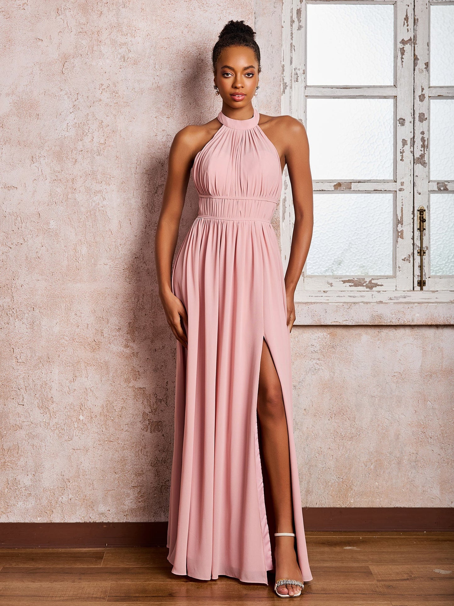 Ruched Halter Chiffon Maxi Dresses with Slit Dusty Rose
