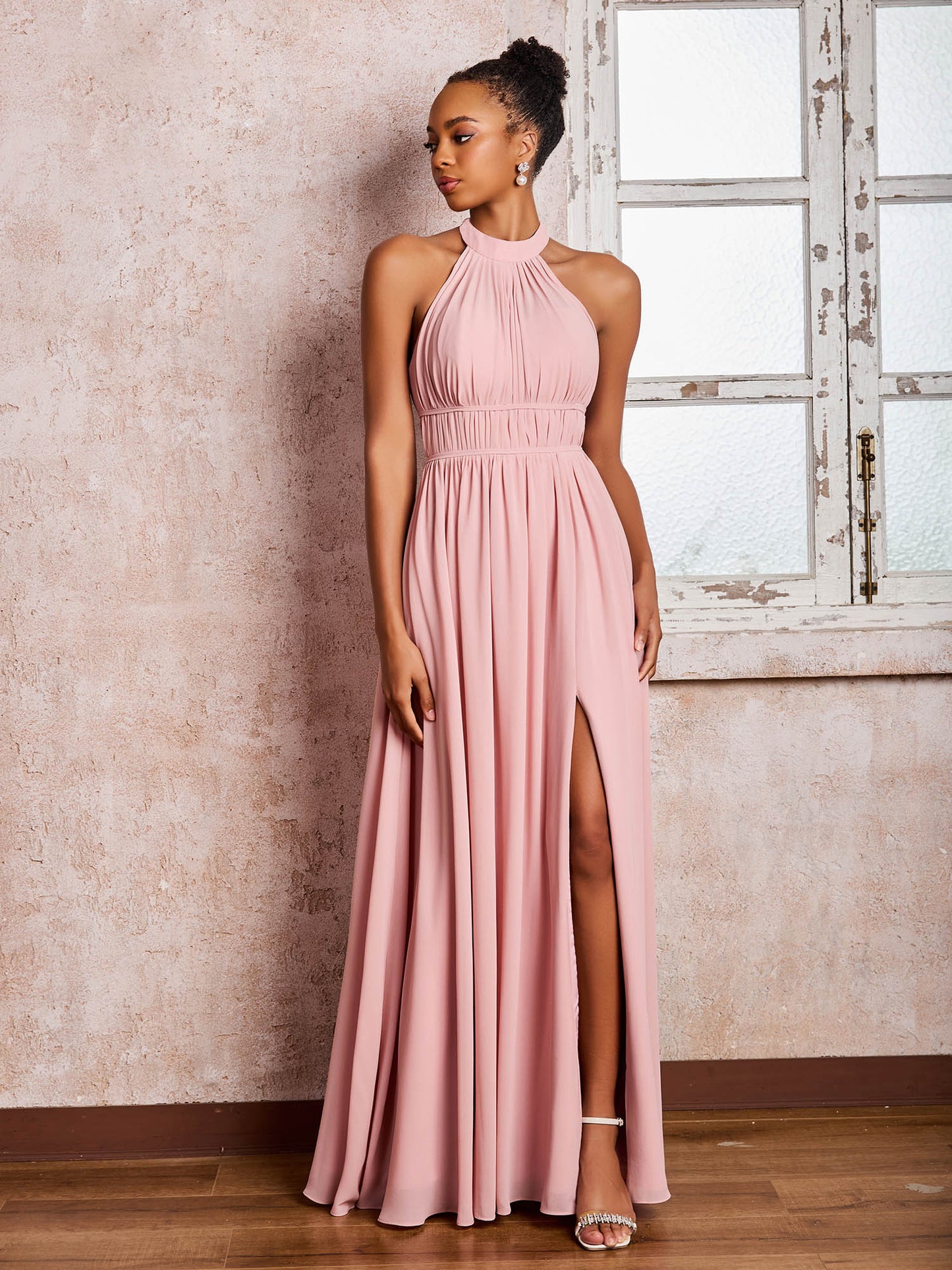 Ruched Halter Chiffon Maxi Dresses with Slit Dusty Rose