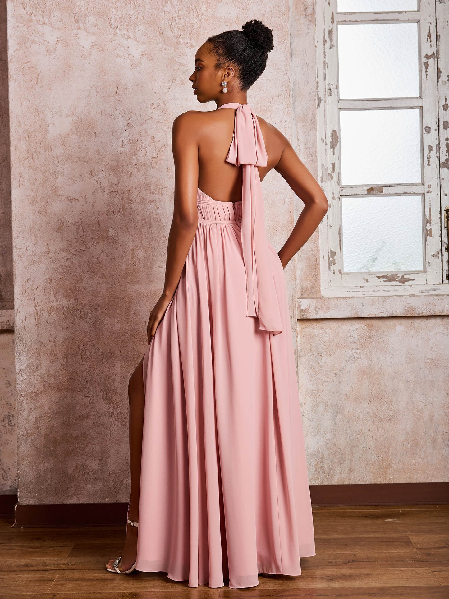 Ruched Halter Chiffon Maxi Dresses with Slit Dusty Rose