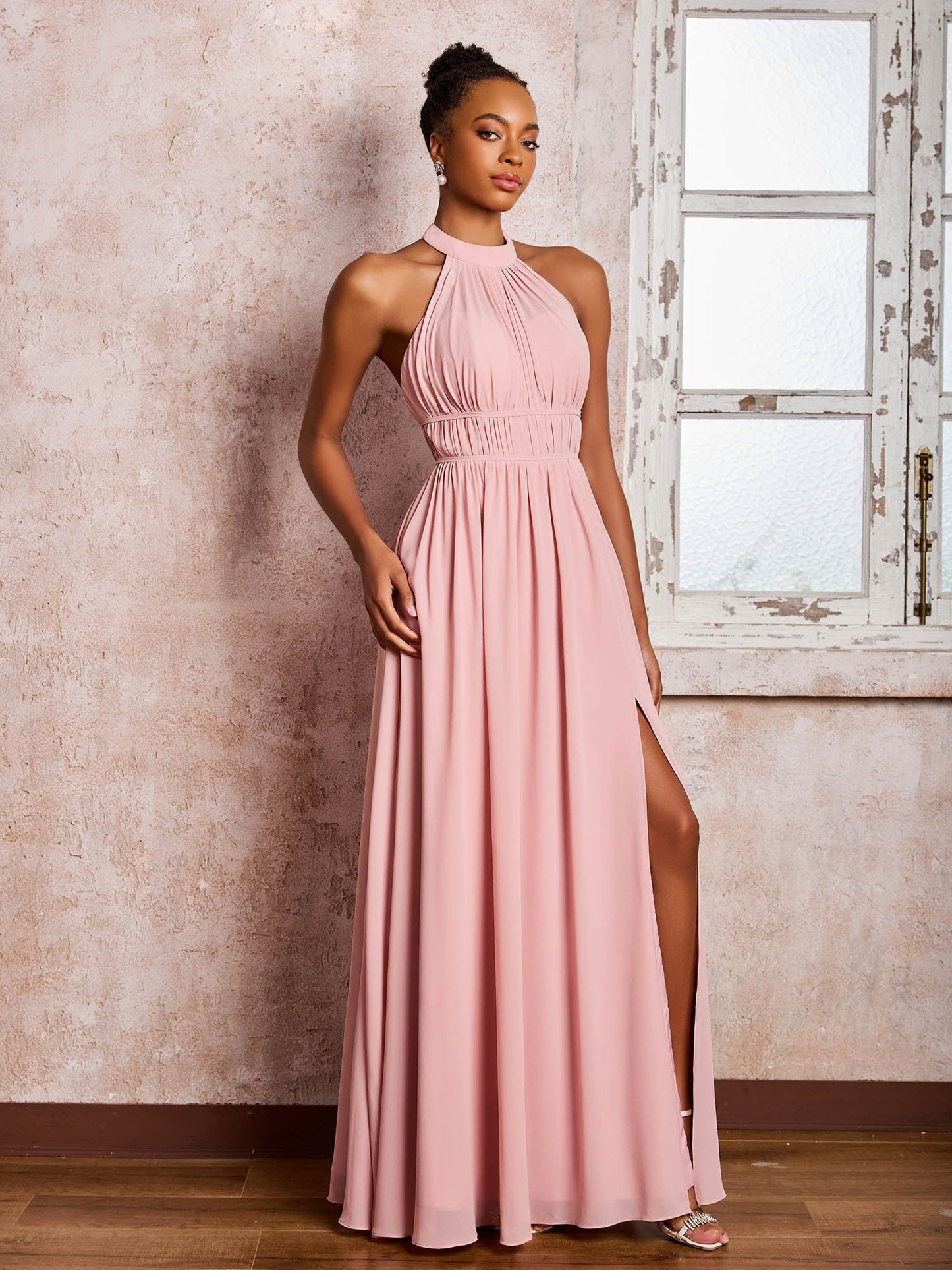 Ruched Halter Chiffon Maxi Dresses with Slit Dusty Rose