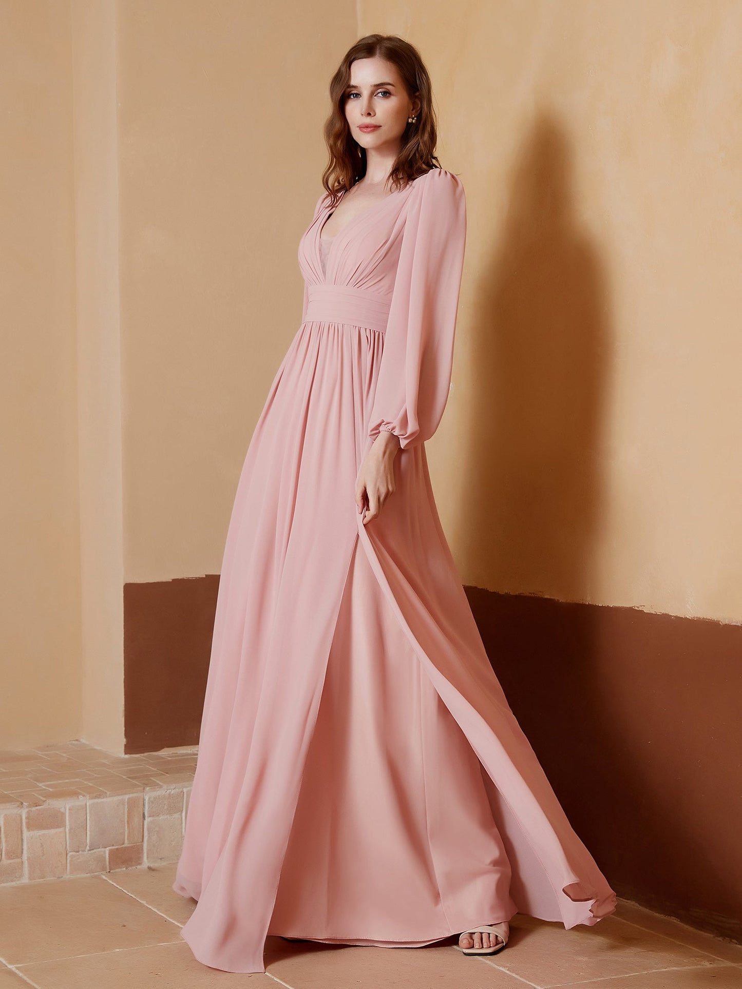 Plunging V-neck Floor-length Dress With Slit Dusty Rose
