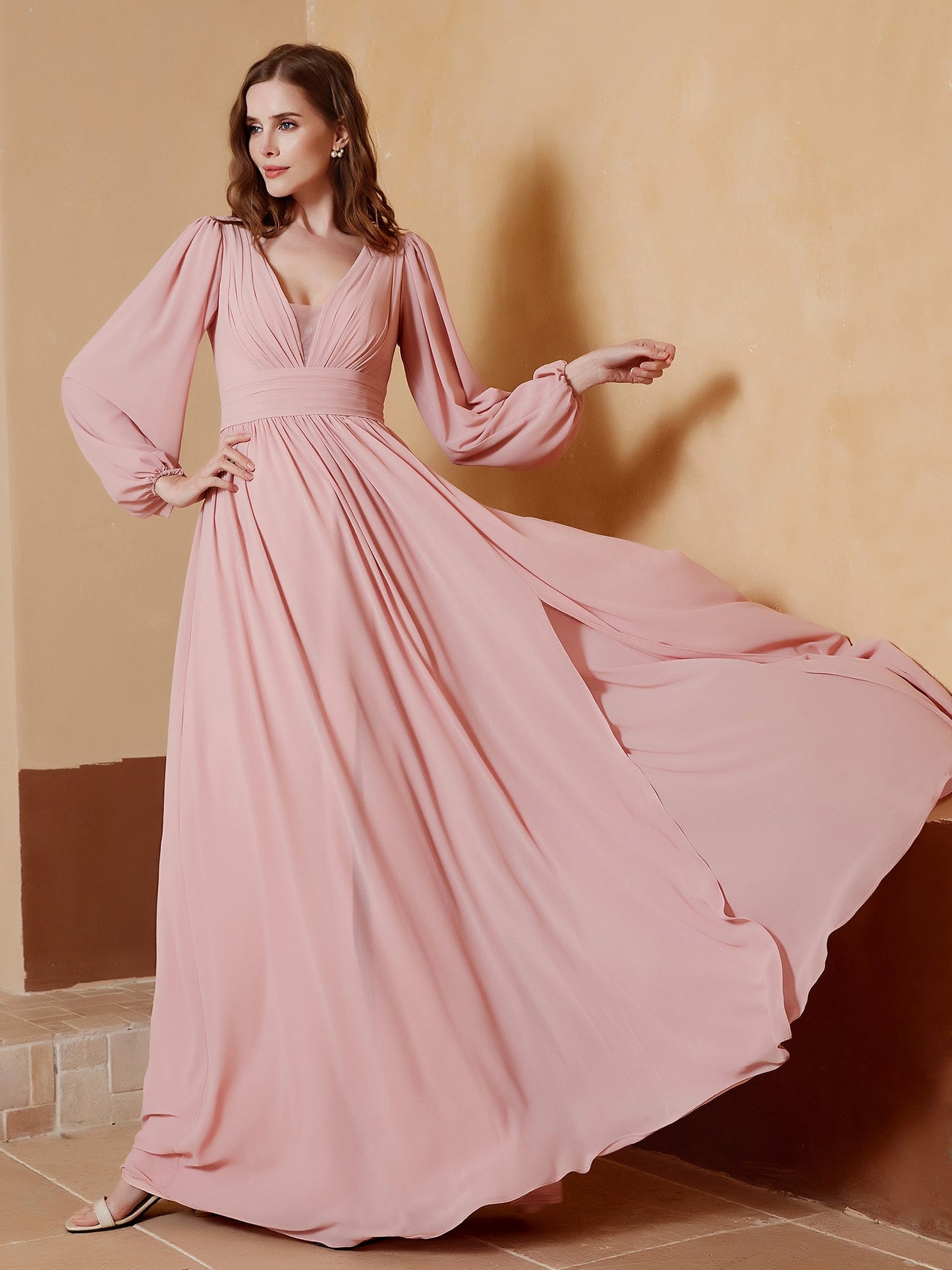 Plunging V-neck Floor-length Dress With Slit Dusty Rose