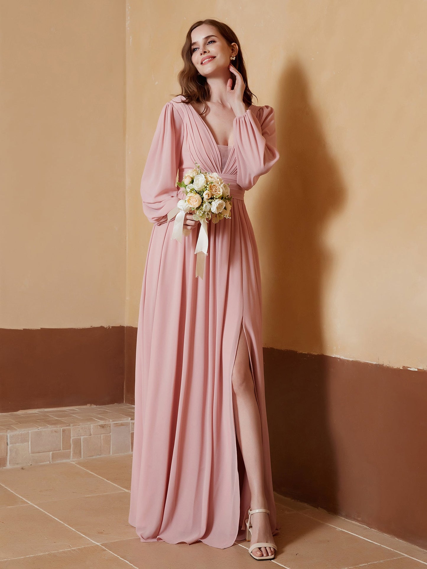 Plunging V-neck Floor-length Dress With Slit Dusty Rose