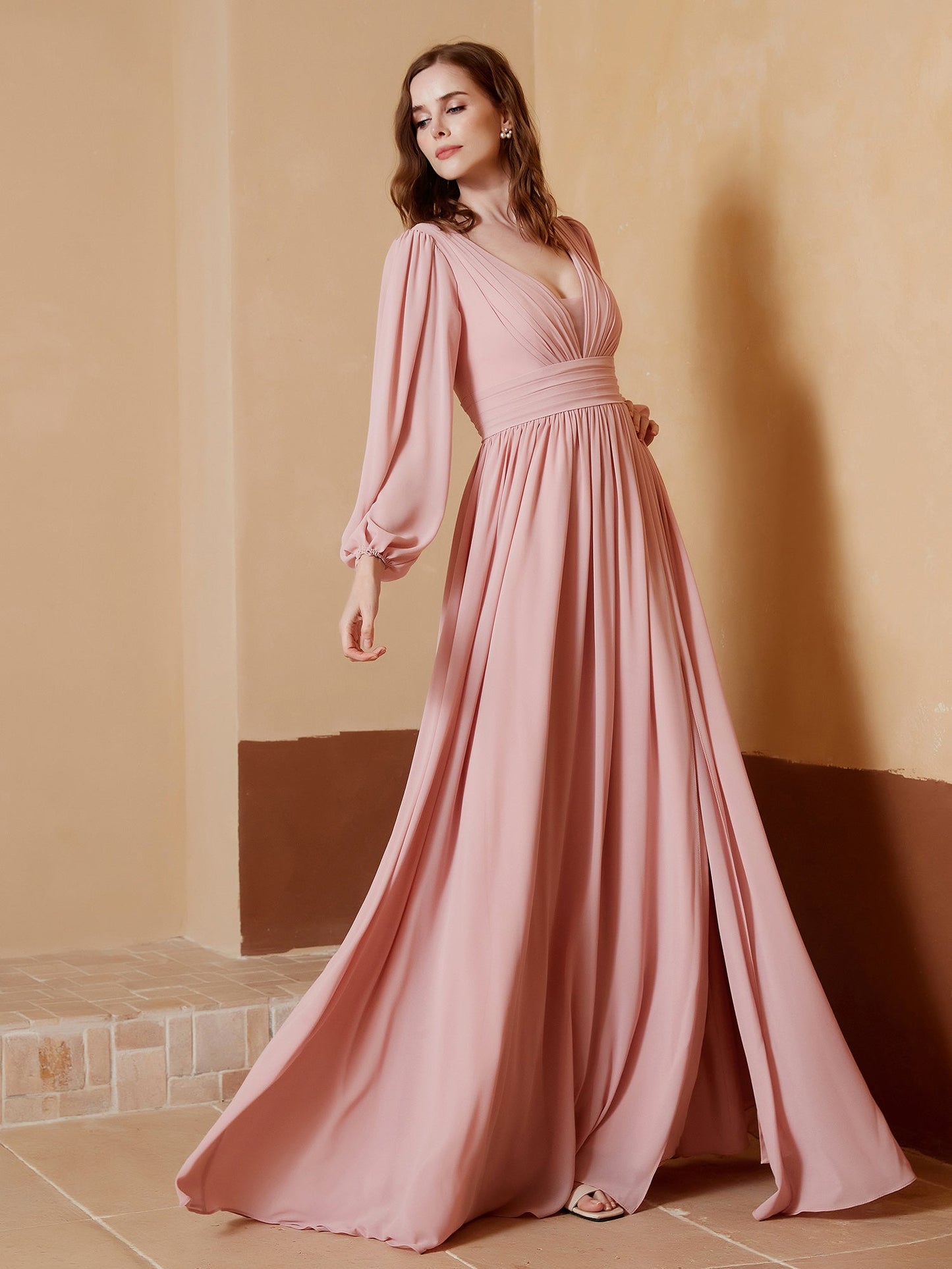 Plunging V-neck Floor-length Dress With Slit Dusty Rose