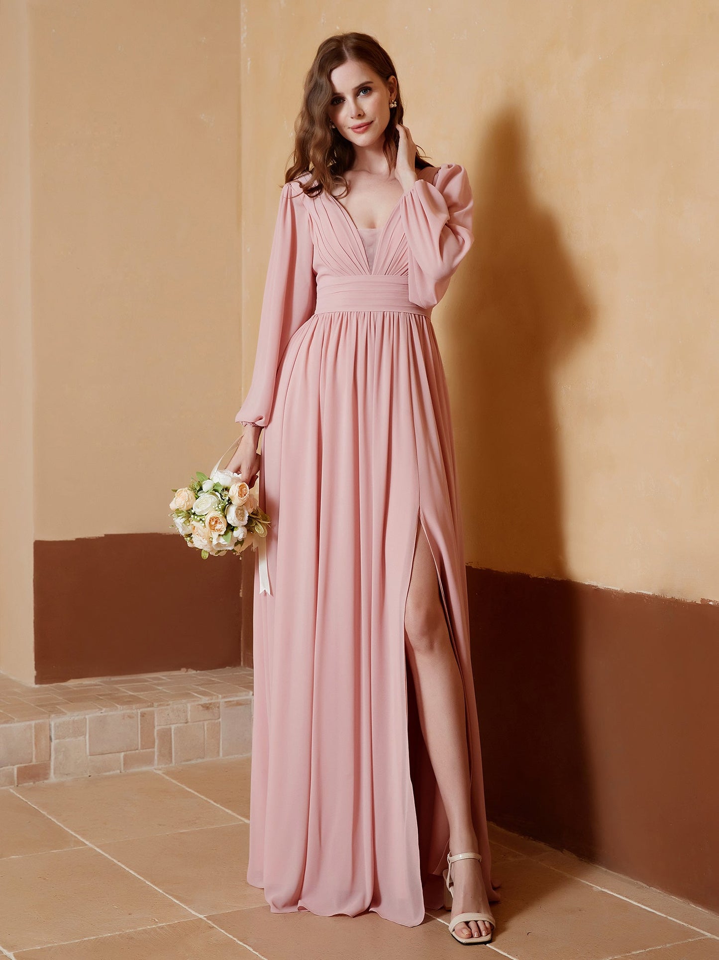 Plunging V-neck Floor-length Dress With Slit Dusty Rose