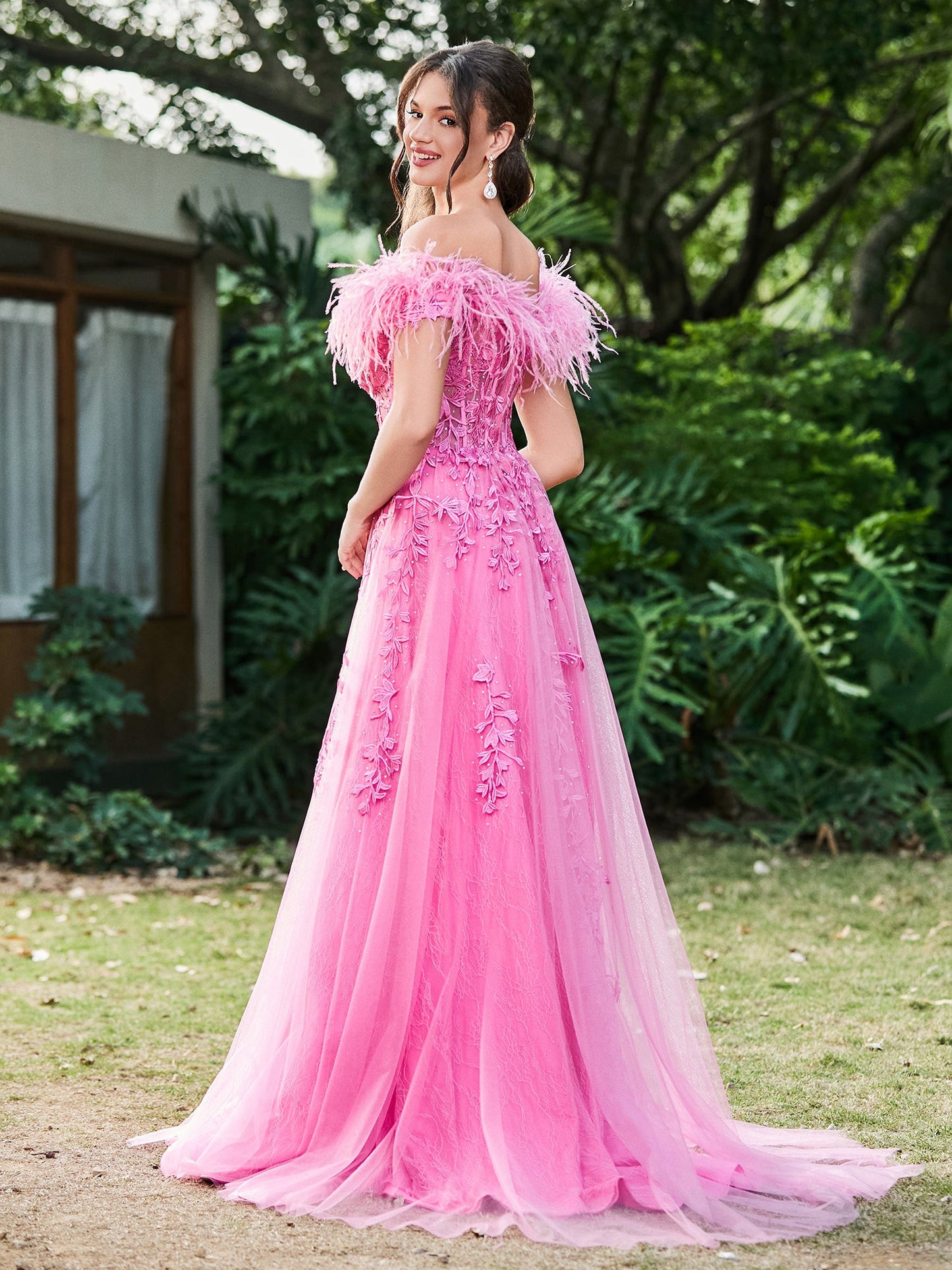 Off-the-Shoulder Lace Applique Side Slit A-Line Long Dress with Feathers Azalea