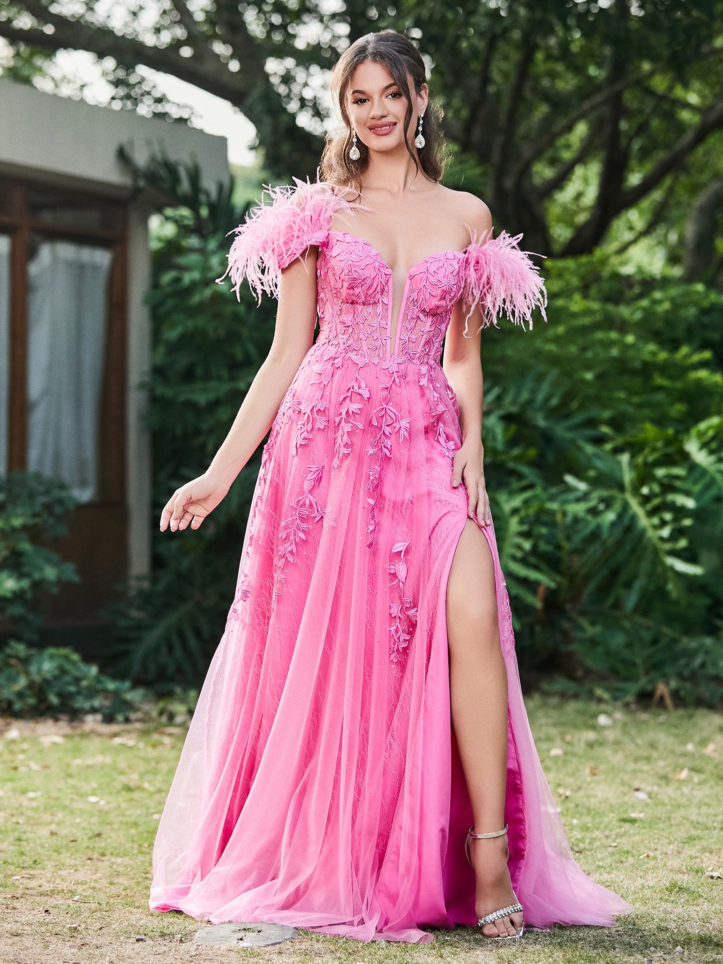 Off-the-Shoulder Lace Applique Side Slit A-Line Long Dress with Feathers Azalea
