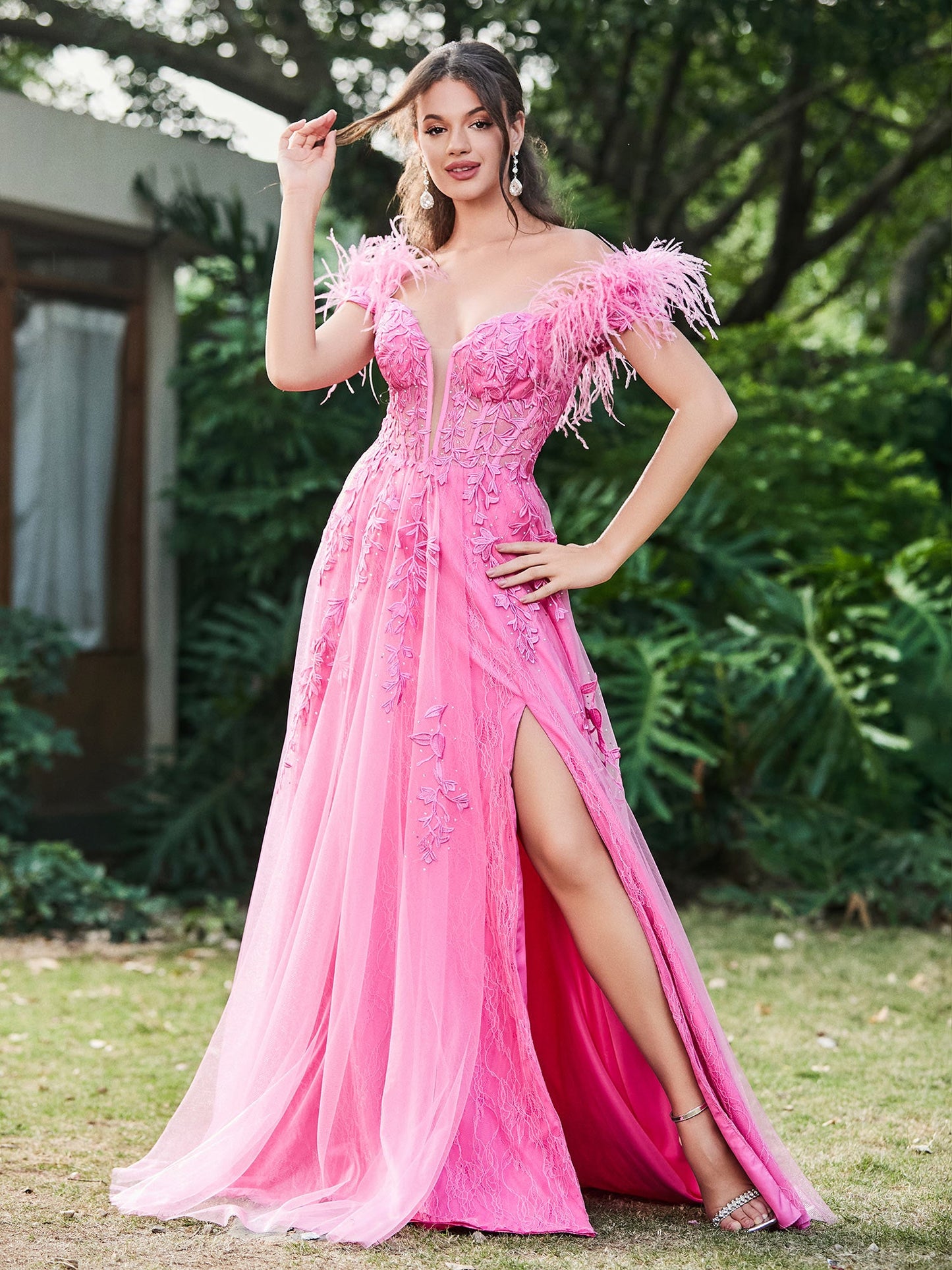 Off-the-Shoulder Lace Applique Side Slit A-Line Long Dress with Feathers Azalea