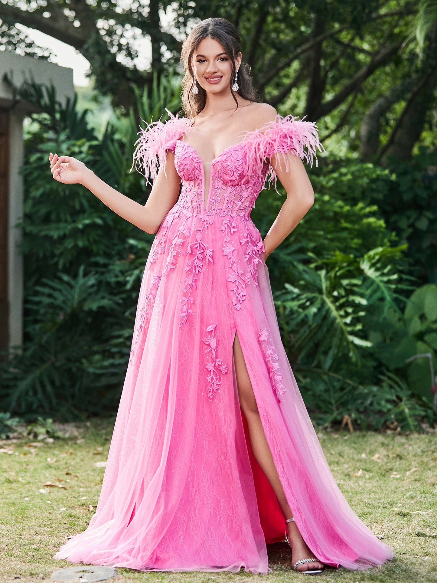 Off-the-Shoulder Lace Applique Side Slit A-Line Long Dress with Feathers Azalea