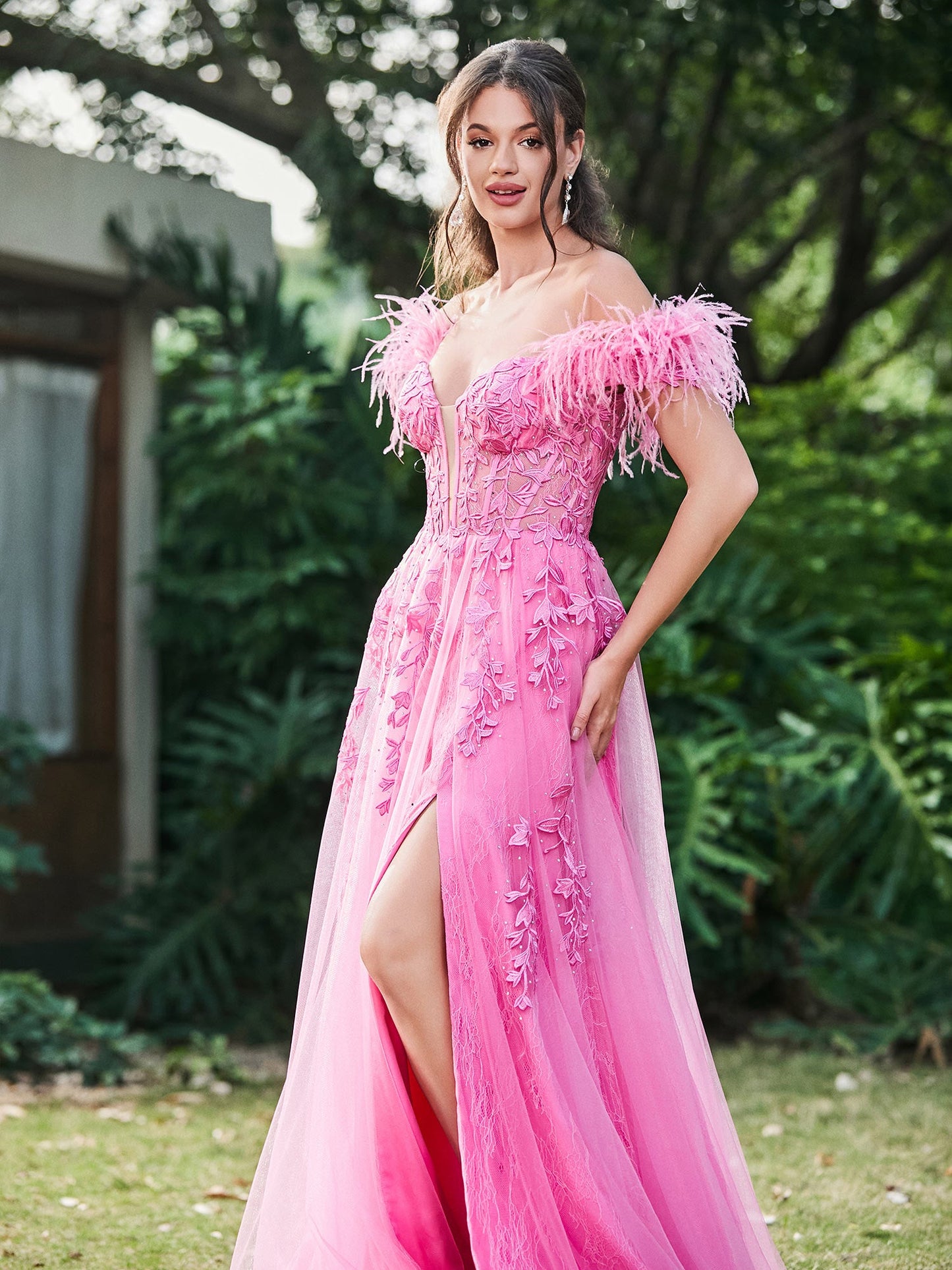Off-the-Shoulder Lace Applique Side Slit A-Line Long Dress with Feathers Azalea