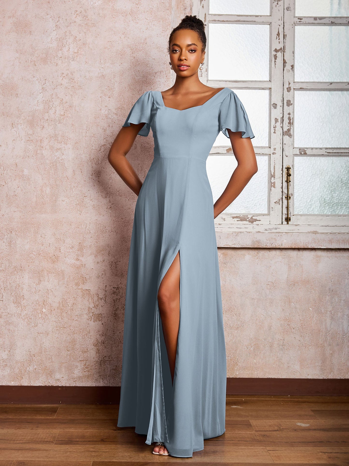 Flutter Sleeves Chiffon Scoop A-line Dresses with Slit Dusty Blue