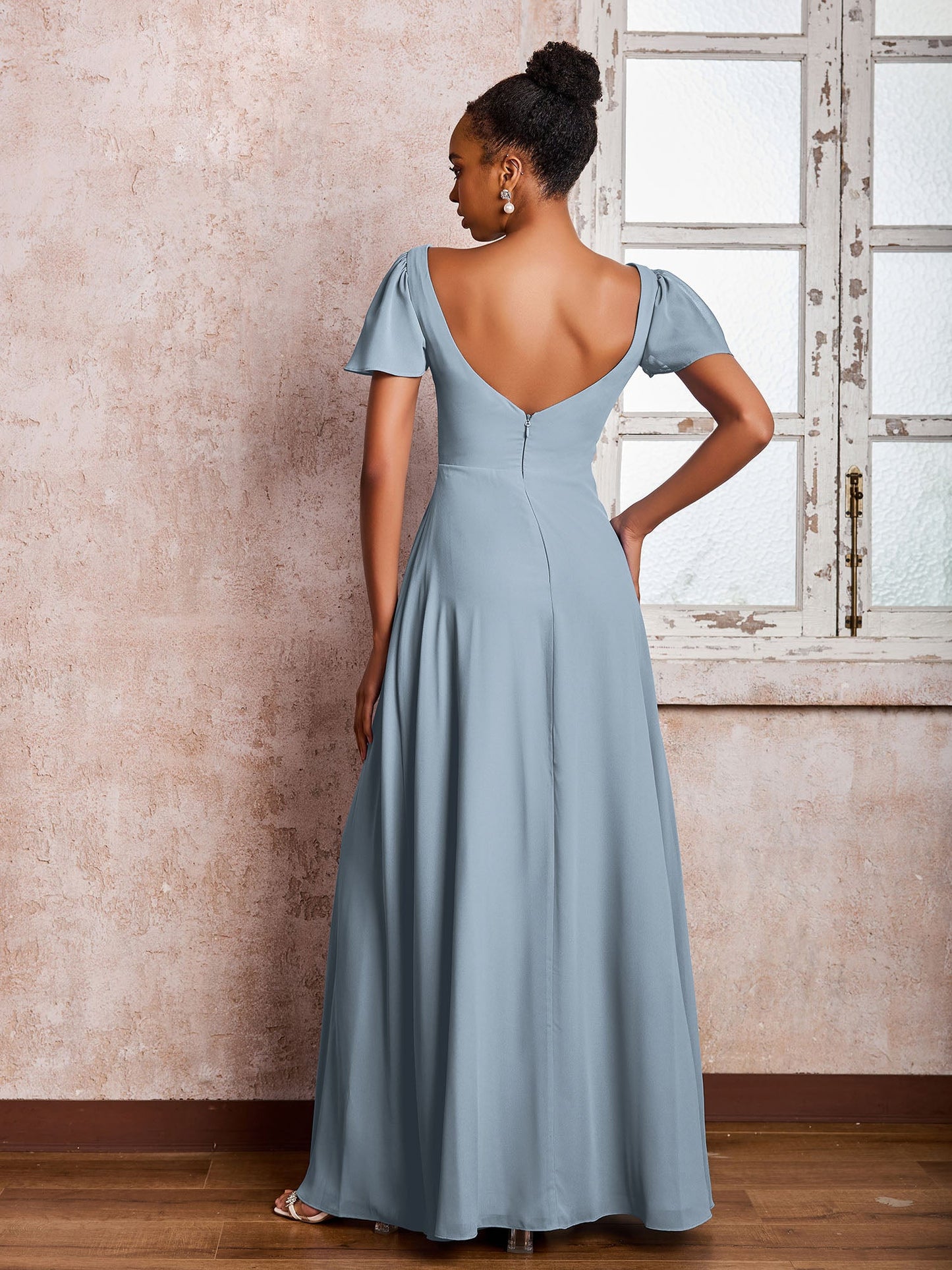 Flutter Sleeves Chiffon Scoop A-line Dresses with Slit Dusty Blue