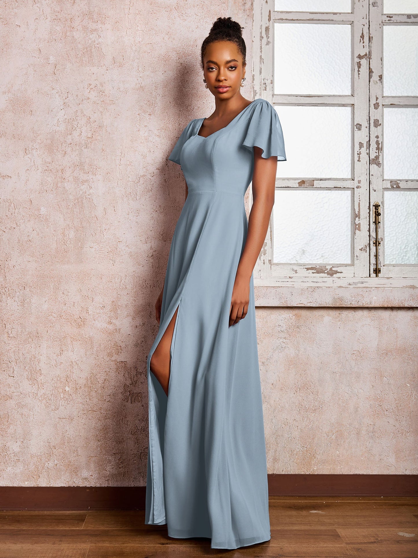 Flutter Sleeves Chiffon Scoop A-line Dresses with Slit Dusty Blue