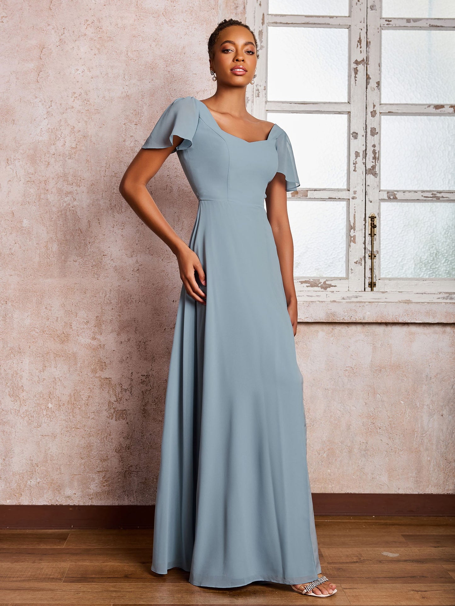 Flutter Sleeves Chiffon Scoop A-line Dresses with Slit Dusty Blue