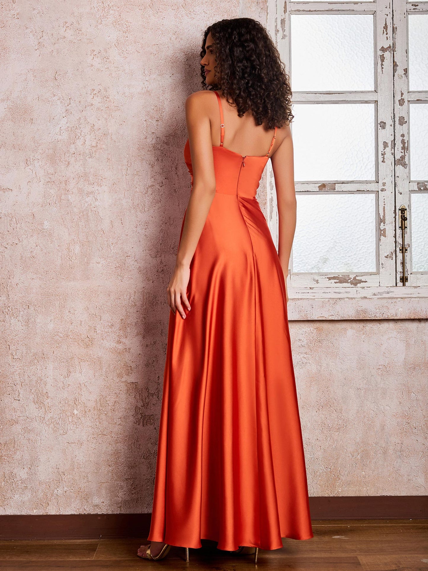 V-neck Spaghetti Straps Satin Maxi Dresses with Pocket Burnt Orange