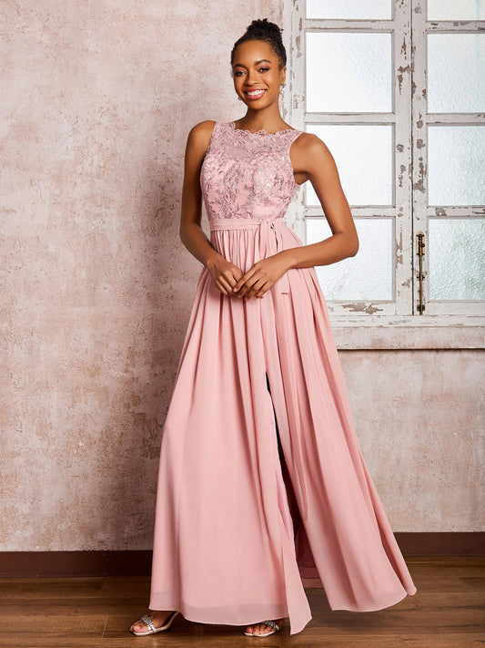 Illusion Neck Lace Top Chiffon Skirt Maxi Dresses with Bow Dusty Rose